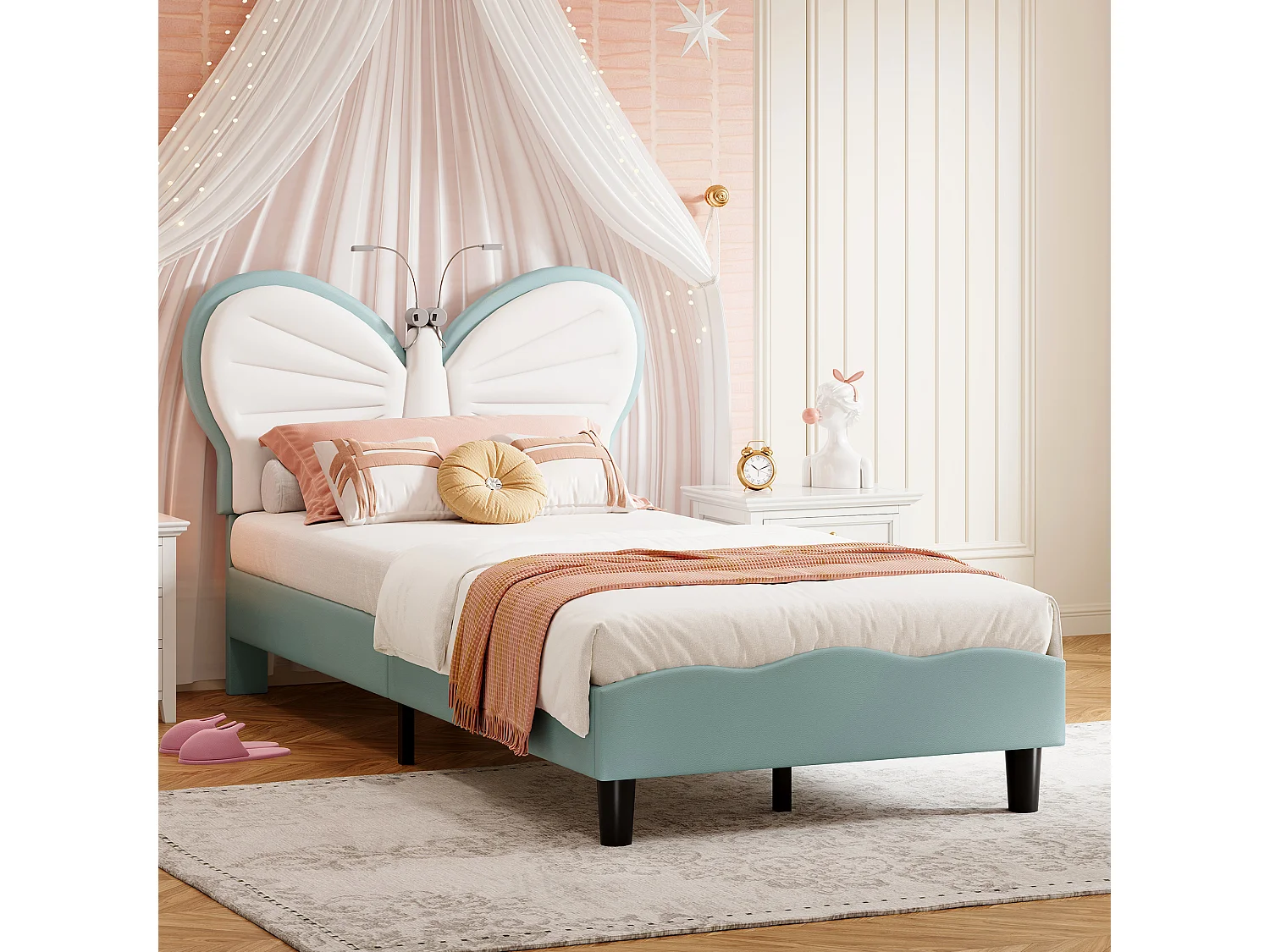 Lit Enfant Capitonné 90x200 cm, Lit Simple Papillon avec Lumières de Lecture et Tête de Lit Réglable pour Fille, Velours, Bleu
