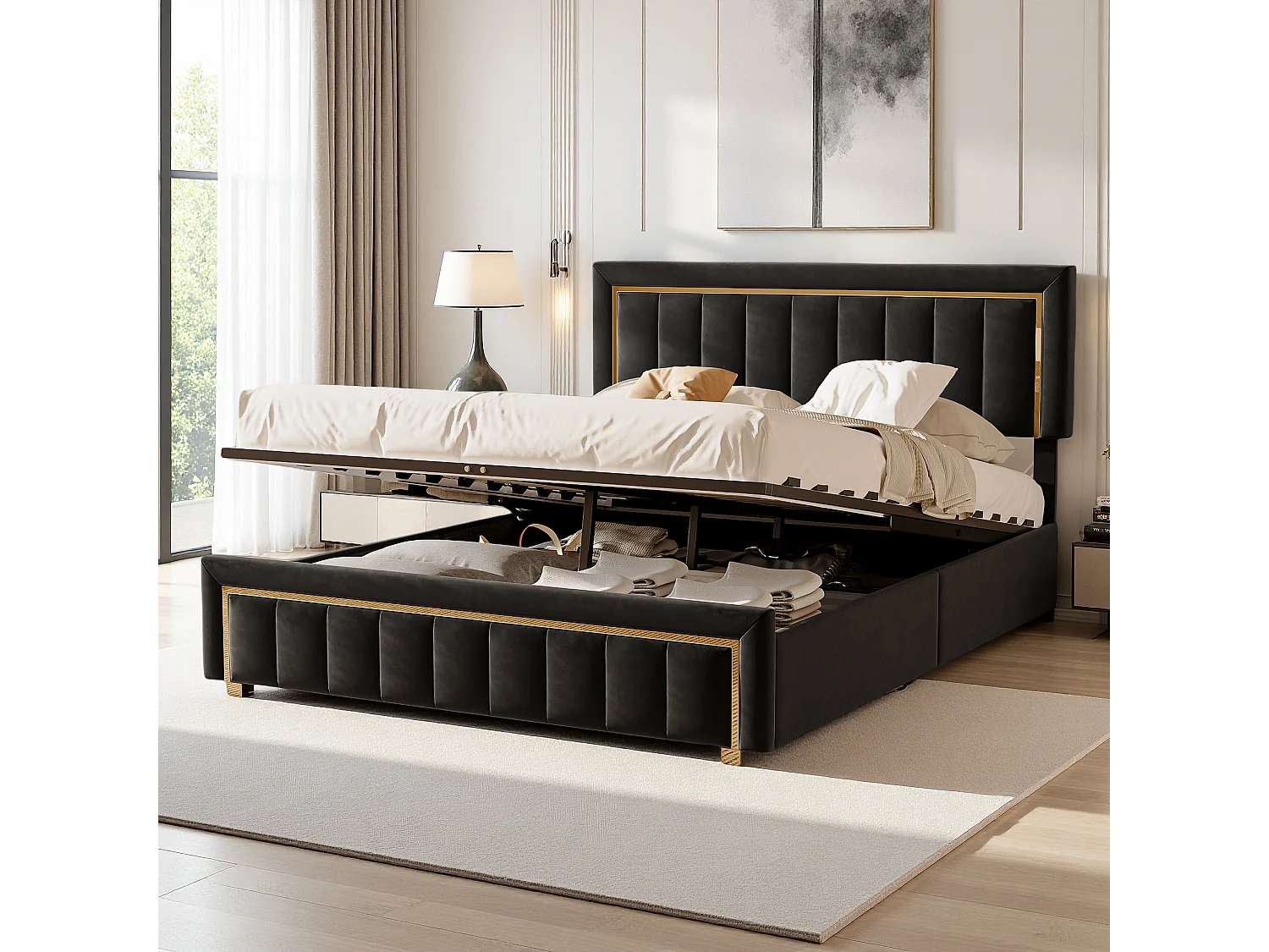 Lit Double Moderne 160x200 cm, avec Sommier à Lattes, pour Chambres et Chambres d'Amis, Noir, en Velours, sans Matelas