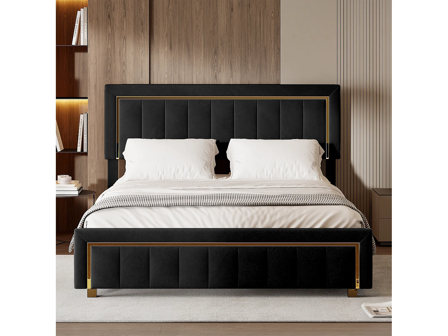 Lit Double Moderne 160x200 cm, avec Sommier à Lattes, pour Chambres et Chambres d'Amis, Noir, en Velours, sans Matelas