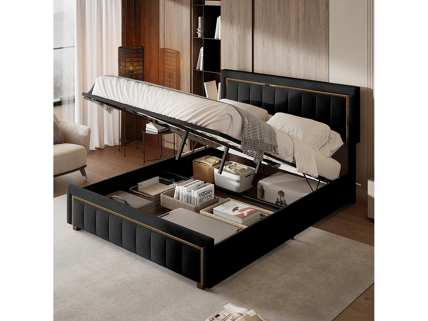 Lit Double Moderne 160x200 cm, avec Sommier à Lattes, pour Chambres et Chambres d'Amis, Noir, en Velours, sans Matelas