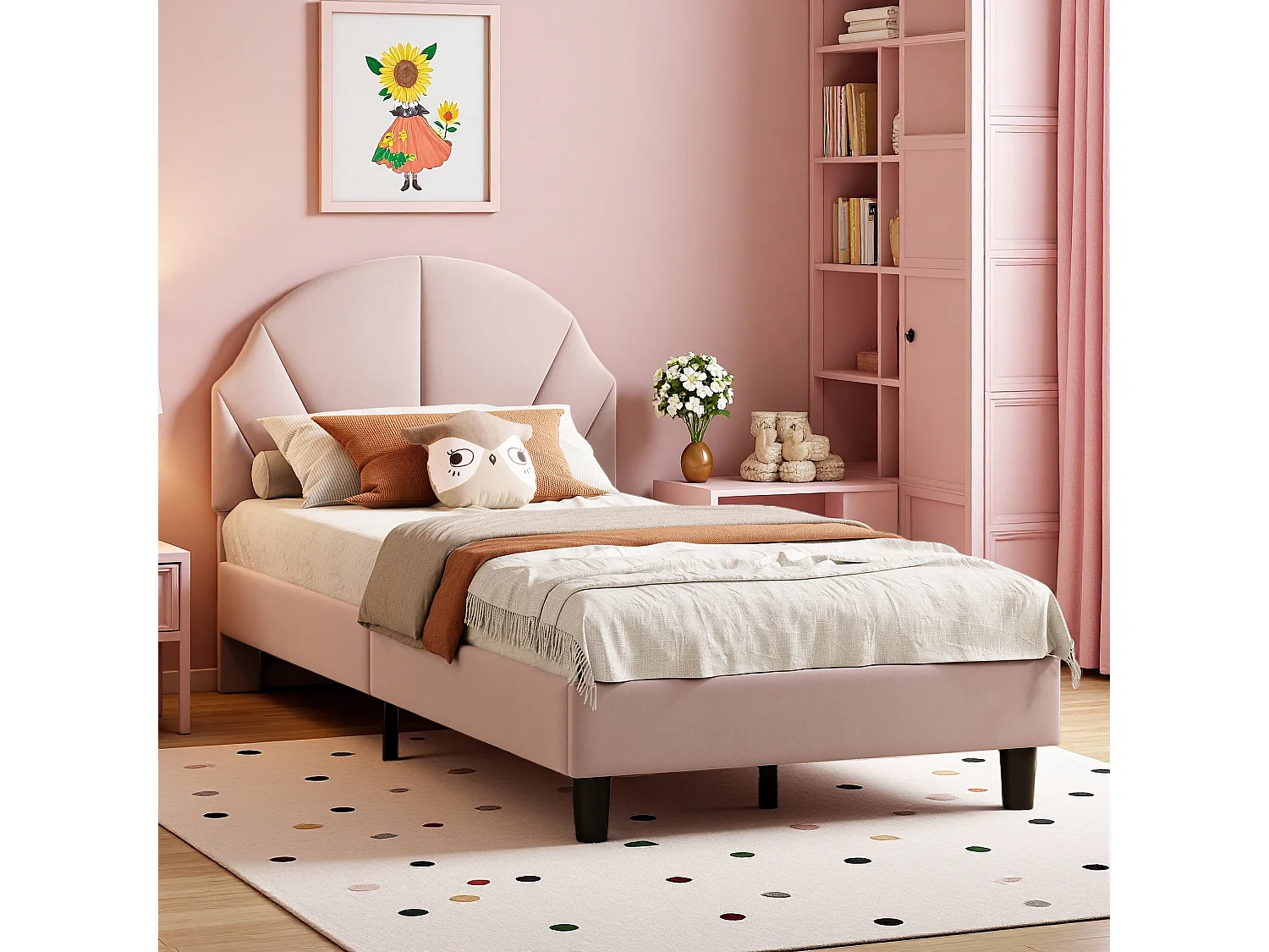 Lit Enfant Capitonné 90x190 cm avec Tête de Lit Coquillage Hauteur Réglable, Lit Princesse Structure Simple, Rose, Velours