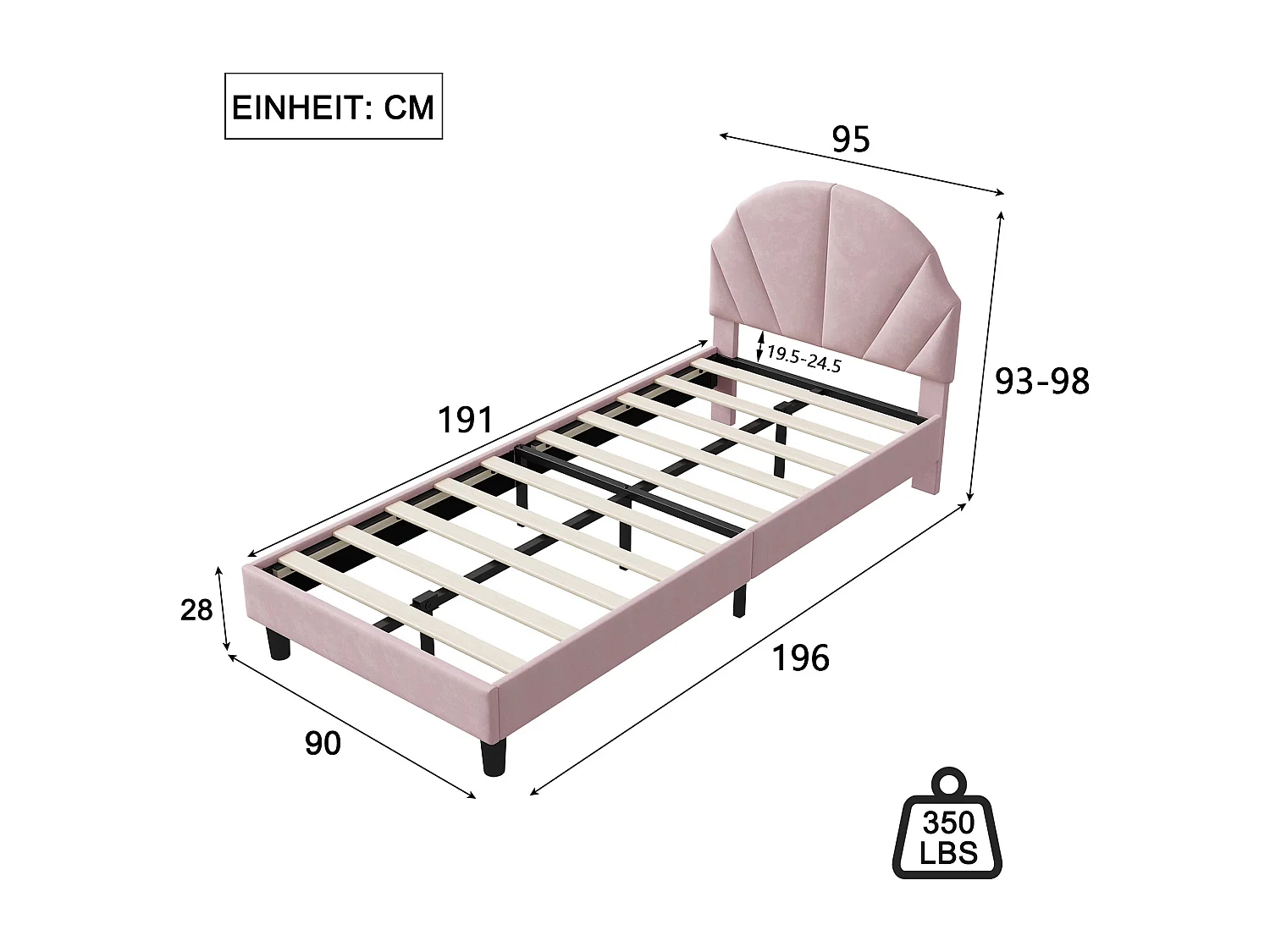 Lit Enfant Capitonné 90x190 cm avec Tête de Lit Coquillage Hauteur Réglable, Lit Princesse Structure Simple, Rose, Velours