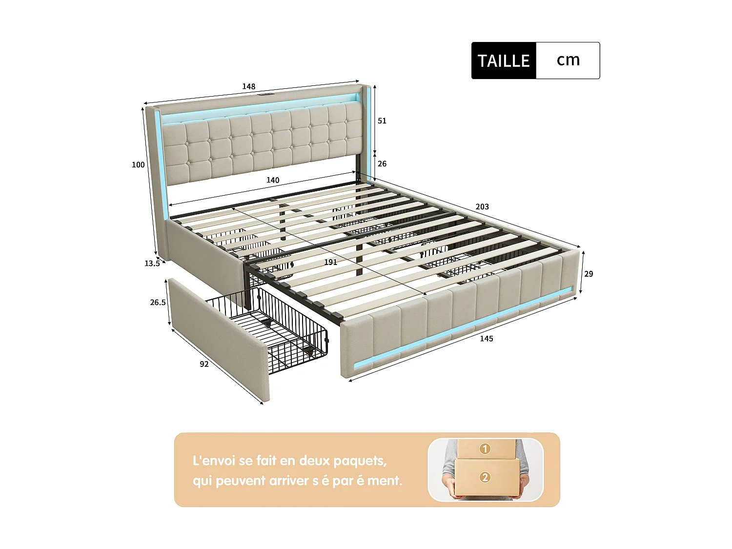 Lit coffre en lin - 140x190cm - avec éclairage LED, port USB et 4 tiroirs - matelas non inclus - Beige