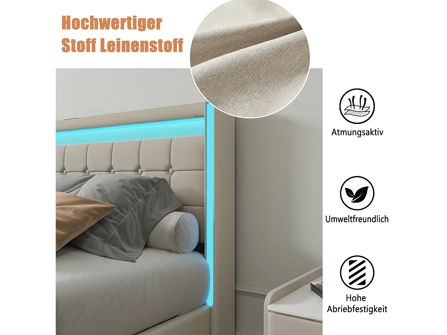 Lit coffre en lin - 140x190cm - avec éclairage LED, port USB et 4 tiroirs - matelas non inclus - Beige