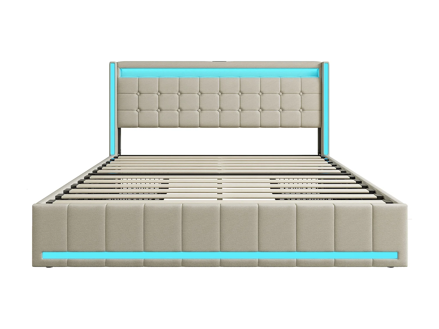 Lit coffre en lin - 140x190cm - avec éclairage LED, port USB et 4 tiroirs - matelas non inclus - Beige