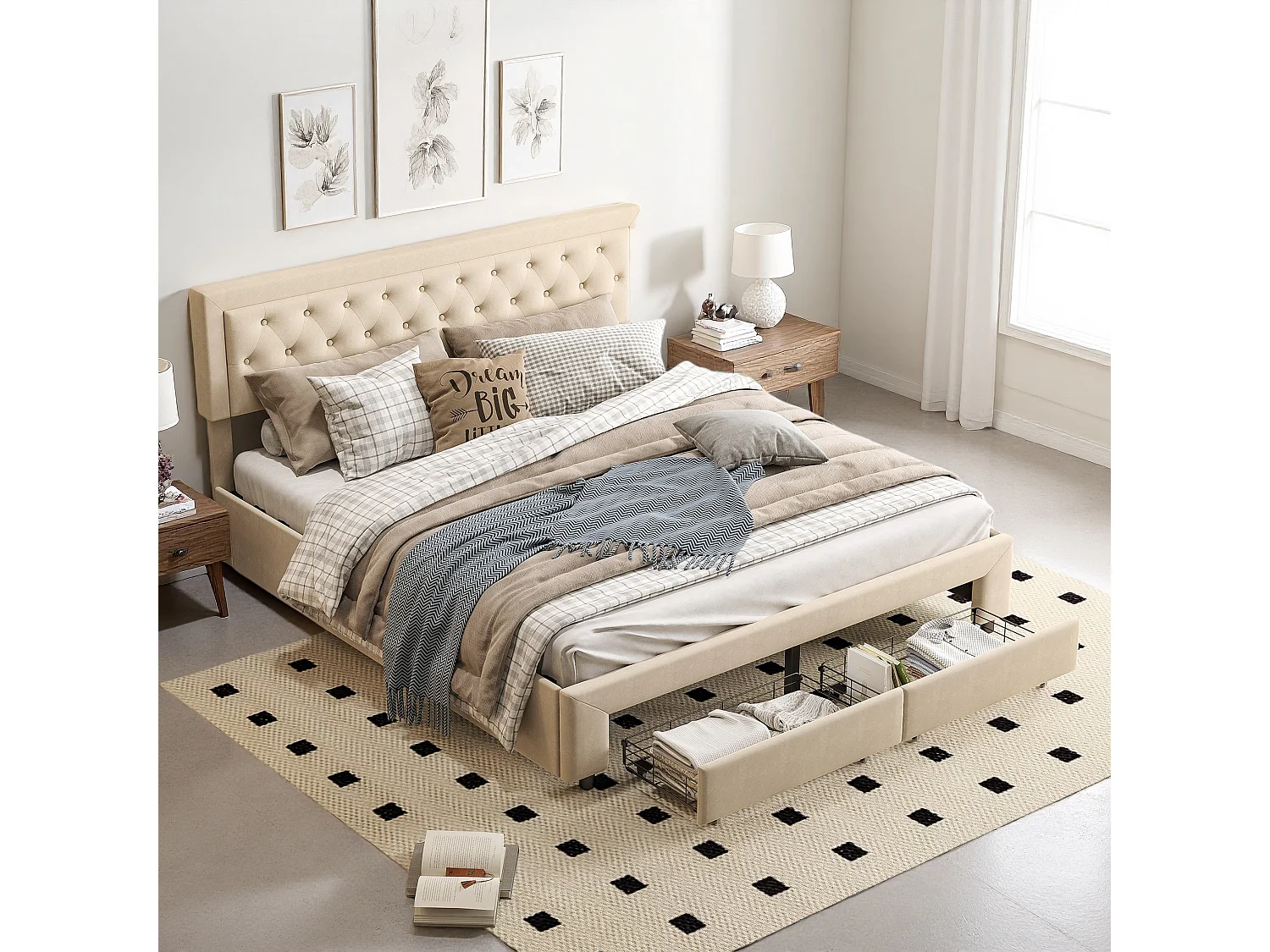 Lit Capitonné 180x200 cm, Cadre de Lit avec Rangement, Système de Levage Hydraulique et 2 Tiroirs, Tête de Lit Capitonnée, Velours Beige