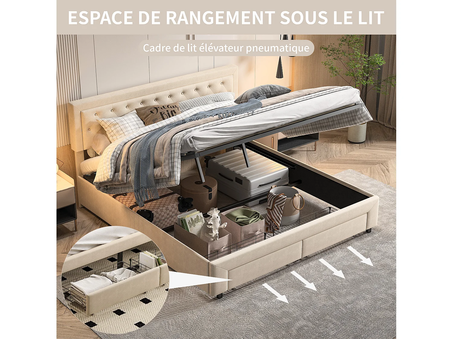 Lit Capitonné 180x200 cm, Cadre de Lit avec Rangement, Système de Levage Hydraulique et 2 Tiroirs, Tête de Lit Capitonnée, Velours Beige