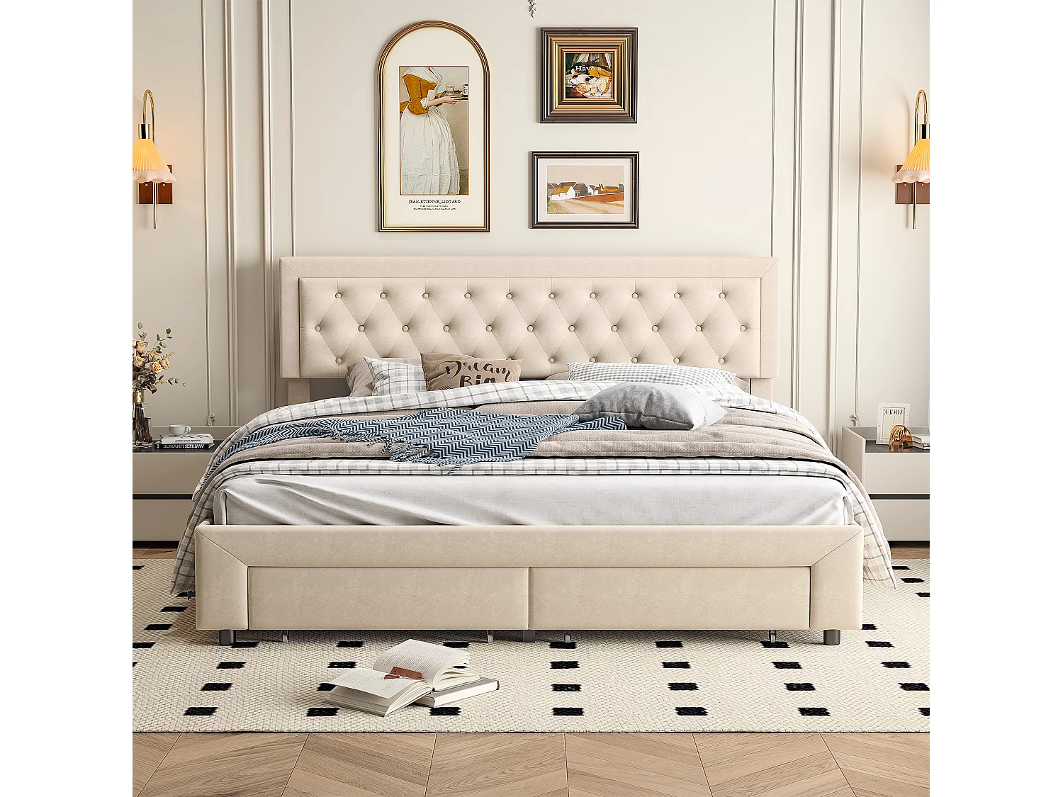 Lit Capitonné 180x200 cm, Cadre de Lit avec Rangement, Système de Levage Hydraulique et 2 Tiroirs, Tête de Lit Capitonnée, Velours Beige