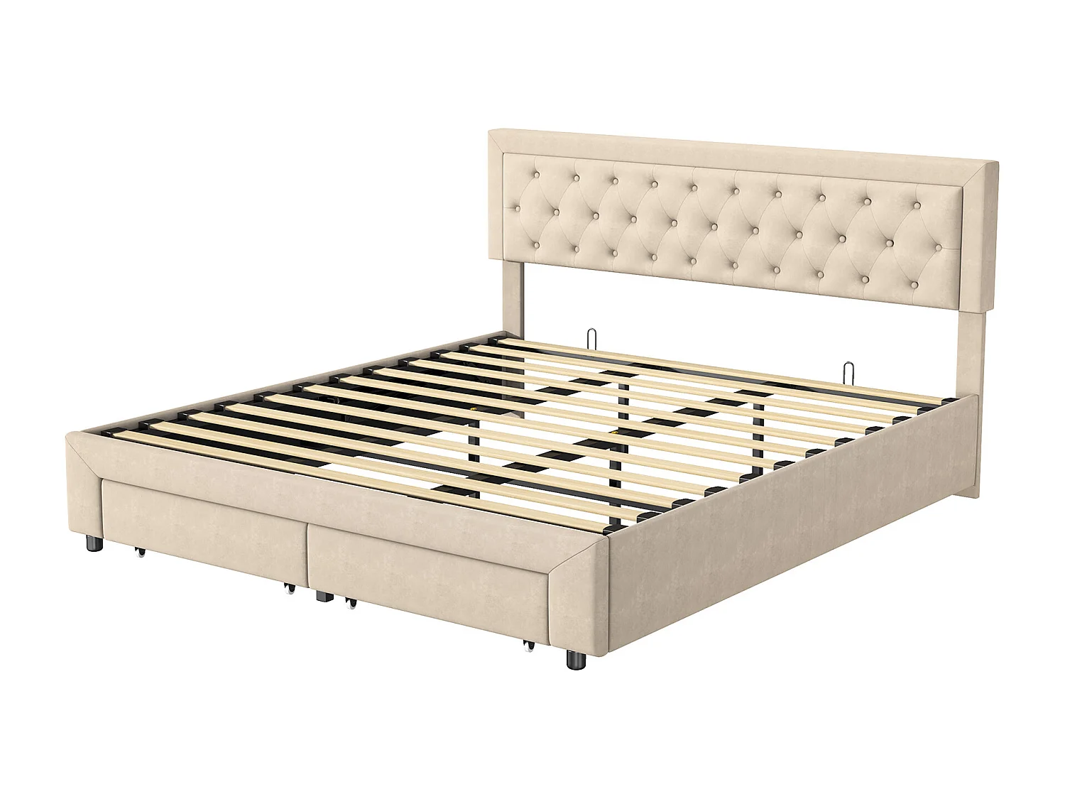 Lit Capitonné 180x200 cm, Cadre de Lit avec Rangement, Système de Levage Hydraulique et 2 Tiroirs, Tête de Lit Capitonnée, Velours Beige