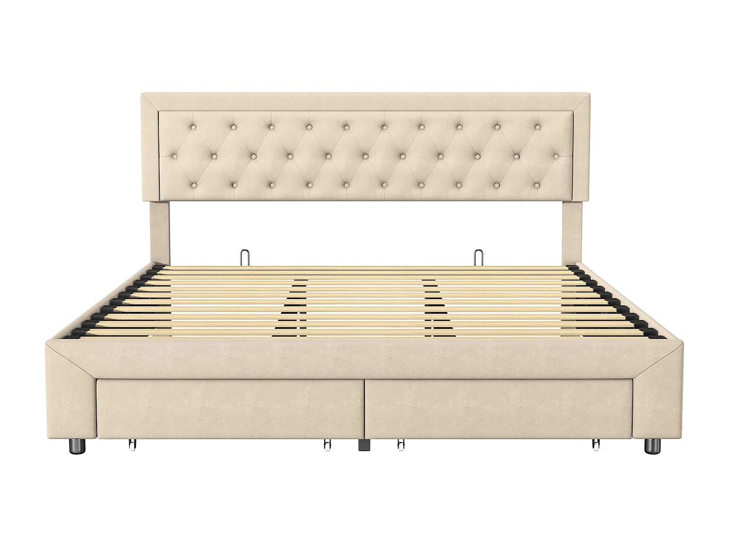 Lit Capitonné 180x200 cm, Cadre de Lit avec Rangement, Système de Levage Hydraulique et 2 Tiroirs, Tête de Lit Capitonnée, Velours Beige