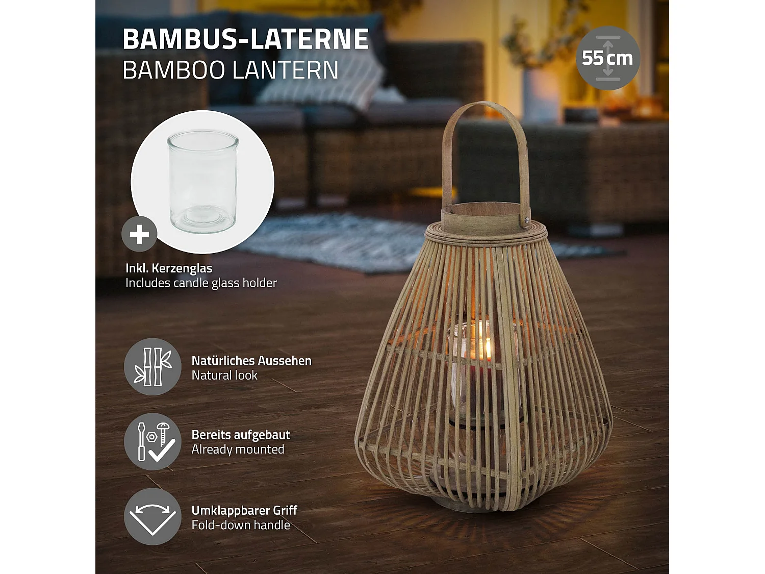 Lanterne en bambou 55 cm naturel avec poignée et insert en verre style bohème pour jardin salon porte-bougie tressé décoratif extérieur ou intérieur