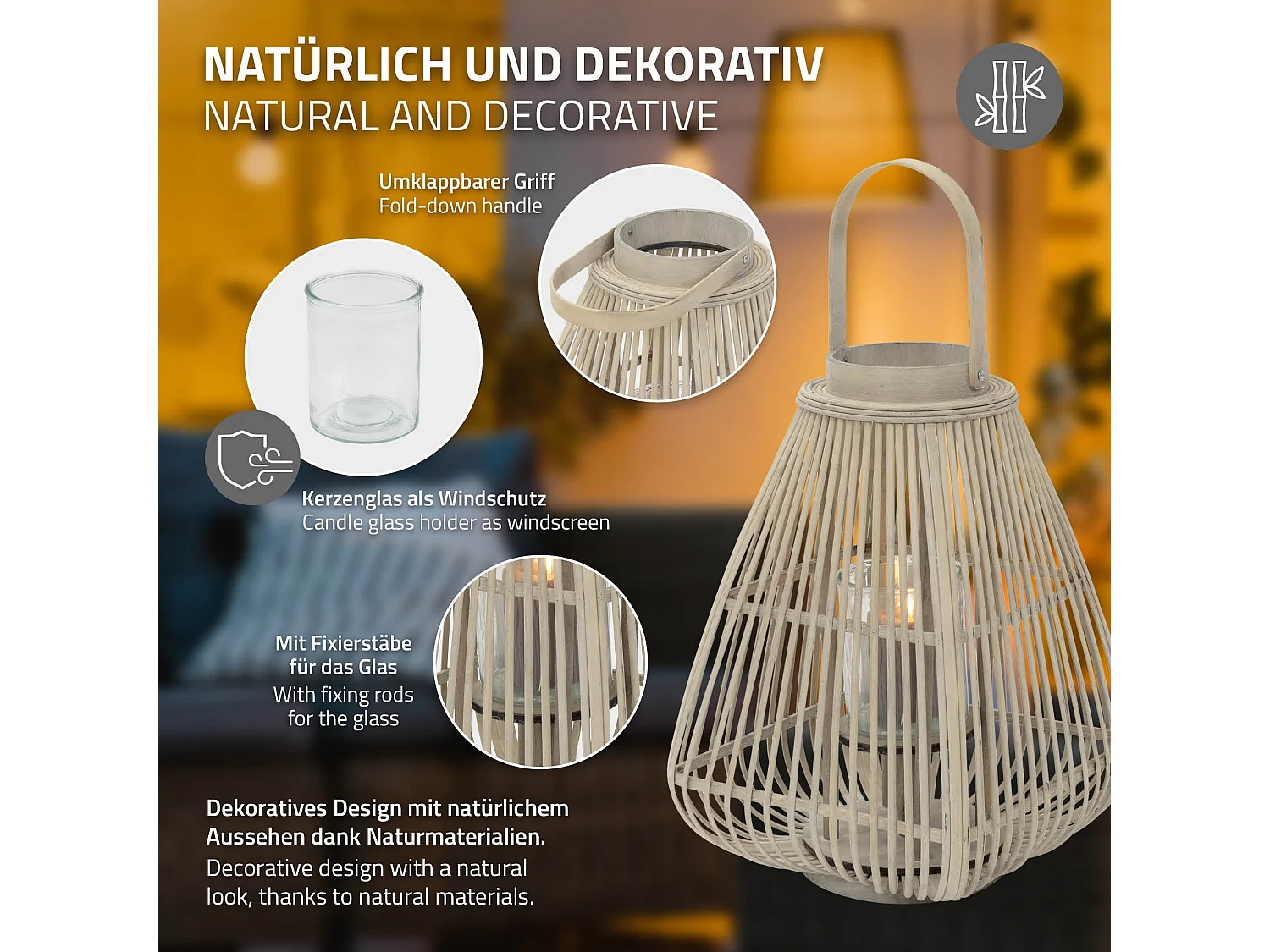 Lanterne en bambou 55 cm naturel avec poignée et insert en verre style bohème pour jardin salon porte-bougie tressé décoratif extérieur ou intérieur