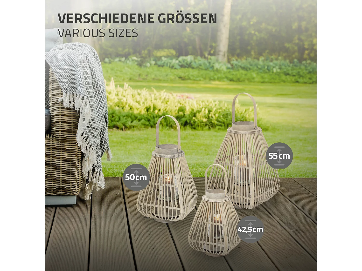 Lanterne en bambou 55 cm naturel avec poignée et insert en verre style bohème pour jardin salon porte-bougie tressé décoratif extérieur ou intérieur