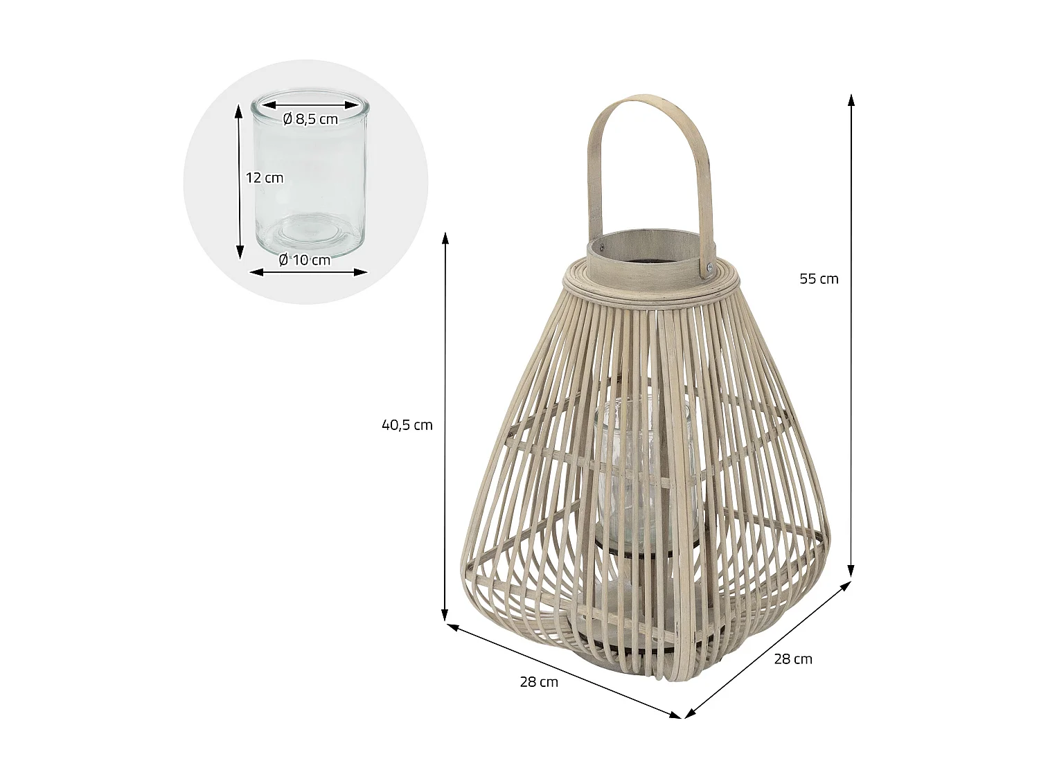 Lanterne en bambou 55 cm naturel avec poignée et insert en verre style bohème pour jardin salon porte-bougie tressé décoratif extérieur ou intérieur