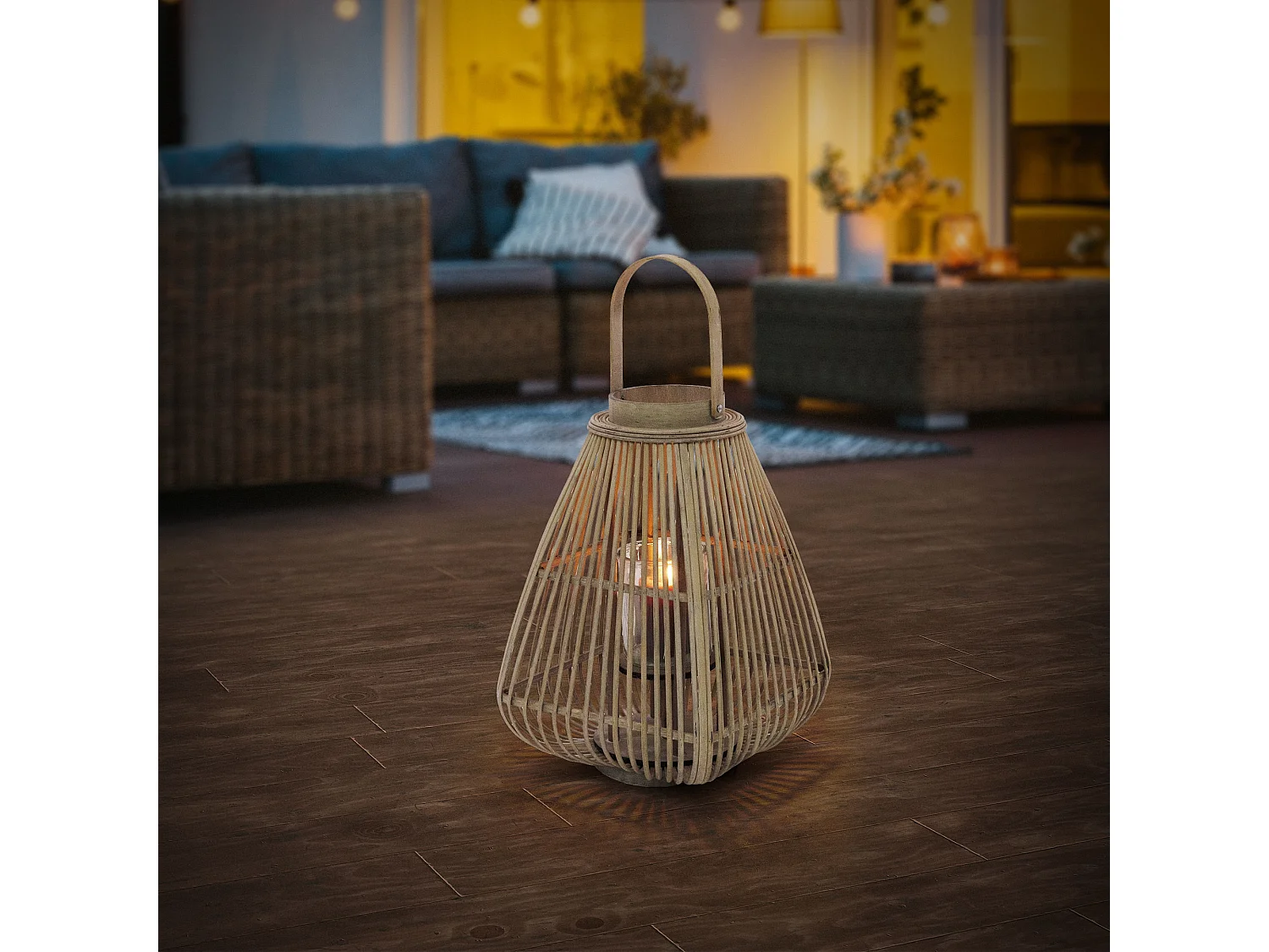 Lanterne en bambou 55 cm naturel avec poignée et insert en verre style bohème pour jardin salon porte-bougie tressé décoratif extérieur ou intérieur