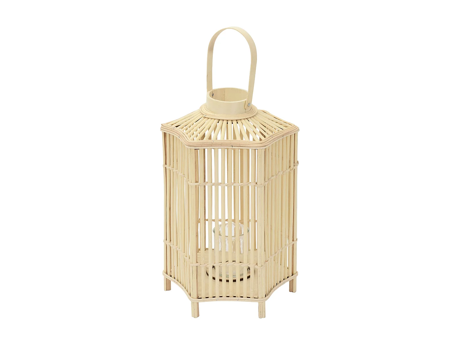 Lanterne en bambou 60 cm naturel avec poignée et insert en verre style bohème pour jardin salon porte-bougie tressé décoratif extérieur ou intérieur