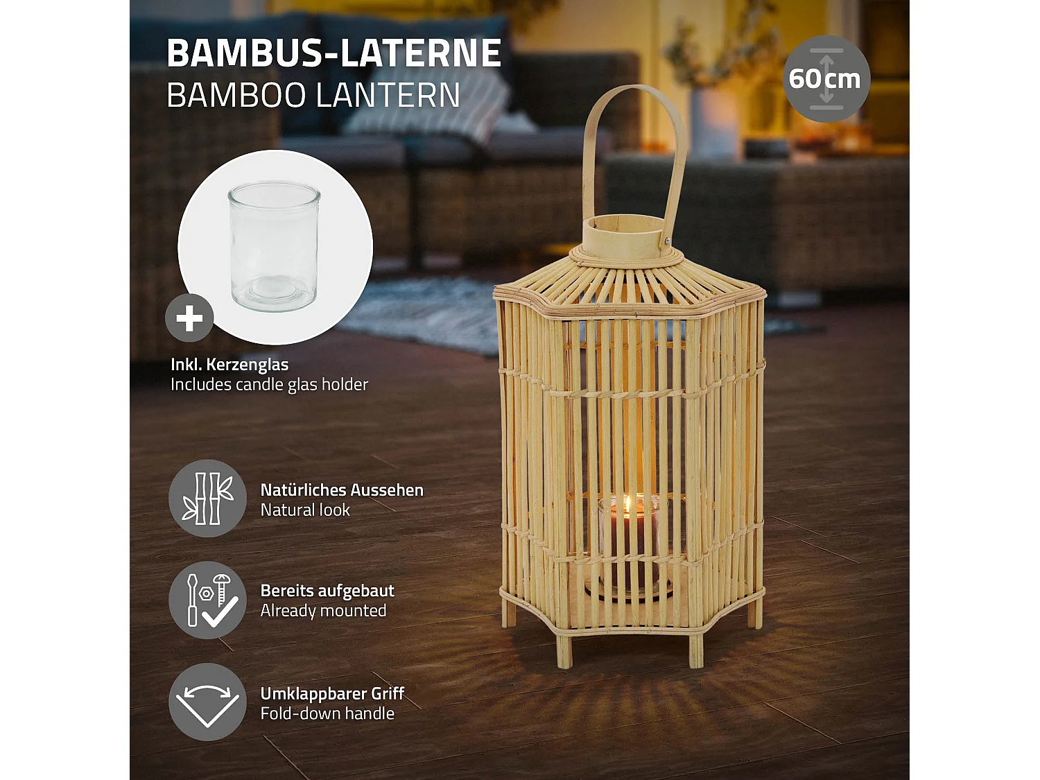 Lanterne en bambou 60 cm naturel avec poignée et insert en verre style bohème pour jardin salon porte-bougie tressé décoratif extérieur ou intérieur