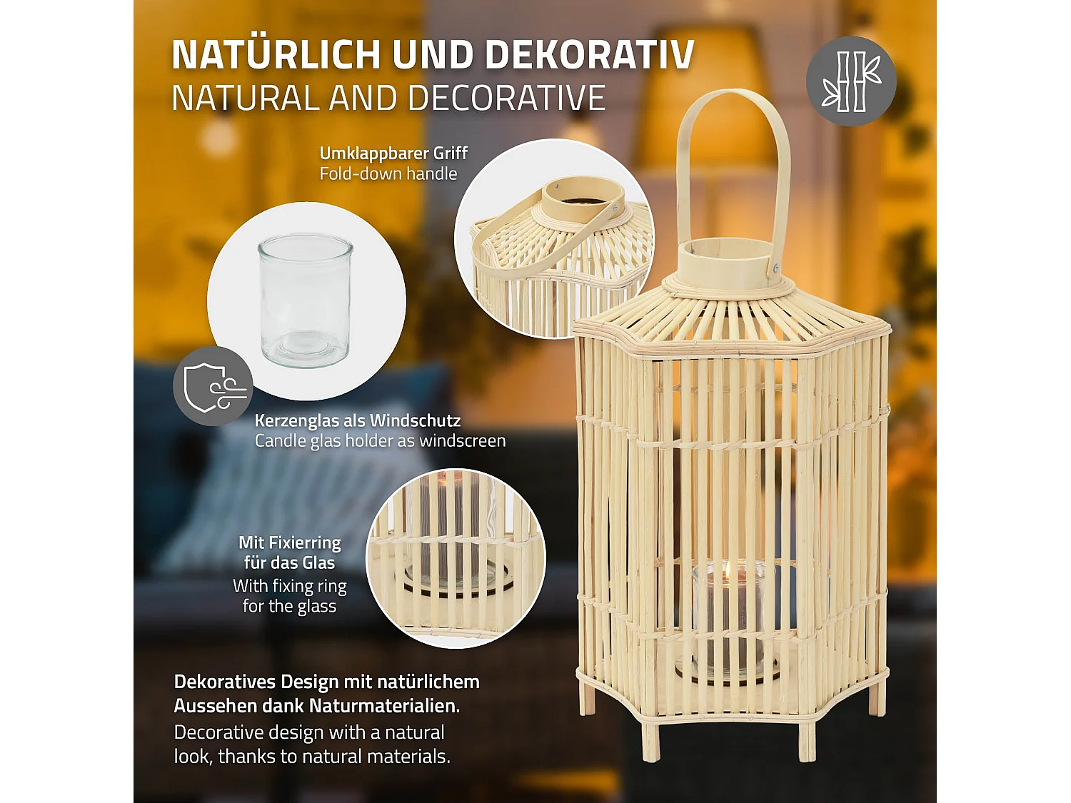 Lanterne en bambou 60 cm naturel avec poignée et insert en verre style bohème pour jardin salon porte-bougie tressé décoratif extérieur ou intérieur