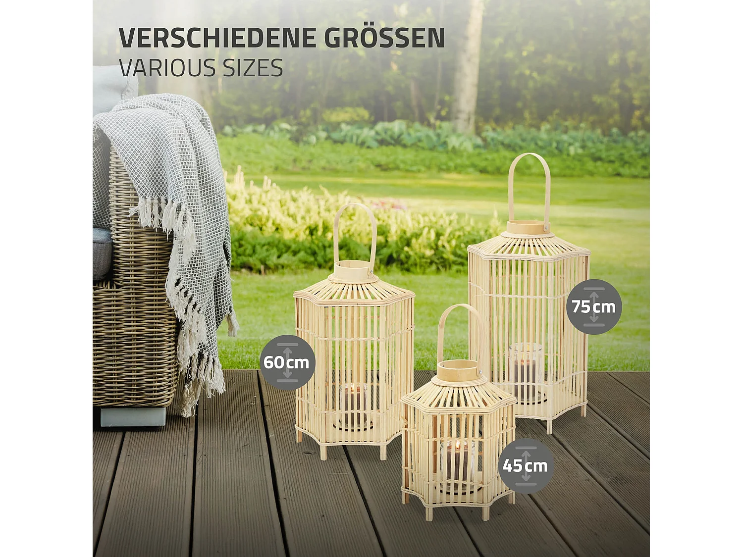 Lanterne en bambou 60 cm naturel avec poignée et insert en verre style bohème pour jardin salon porte-bougie tressé décoratif extérieur ou intérieur