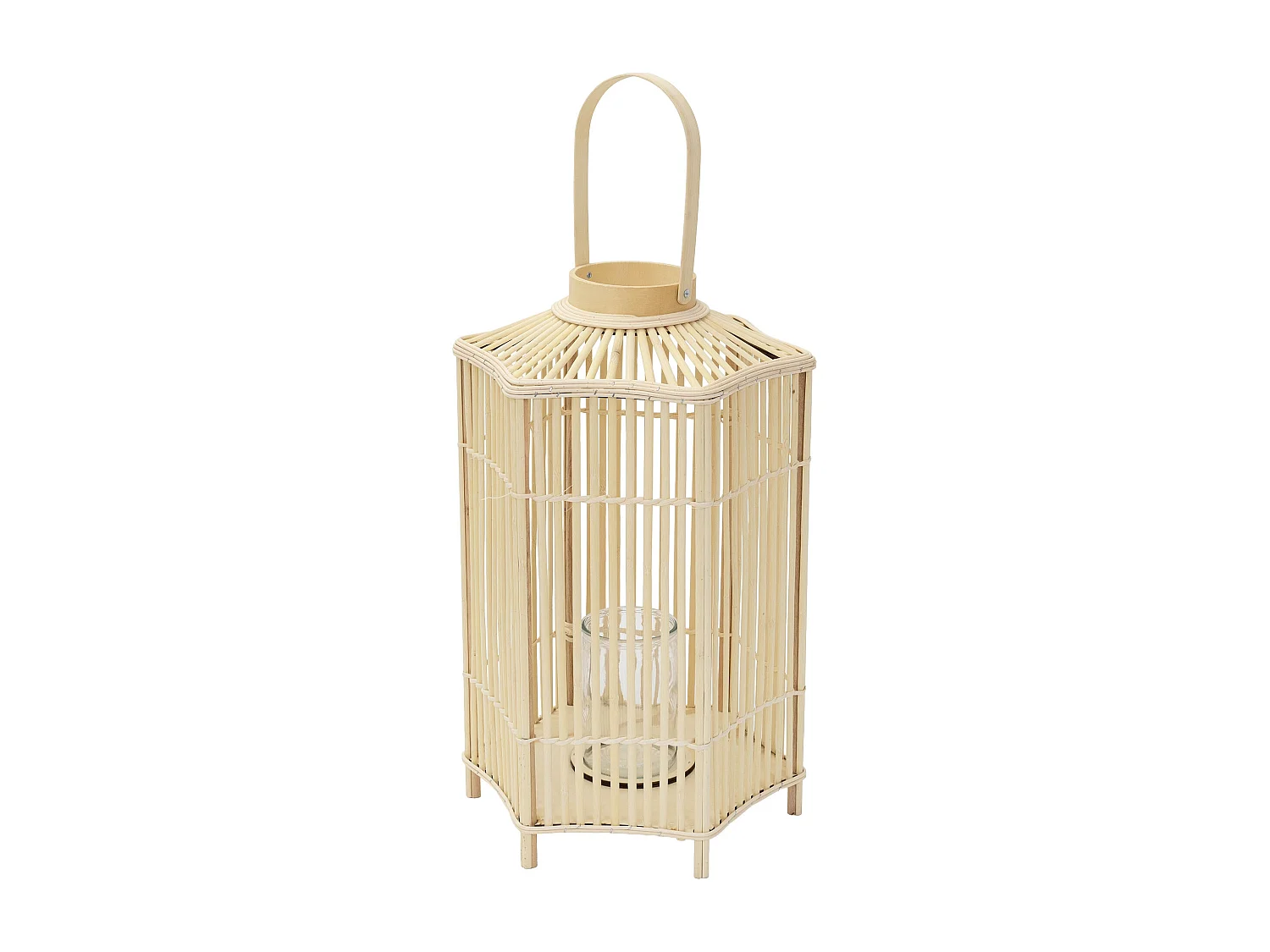 Lanterne en bambou 75 cm naturel avec poignée et insert en verre style bohème pour jardin salon porte-bougie tressé décoratif extérieur ou intérieur