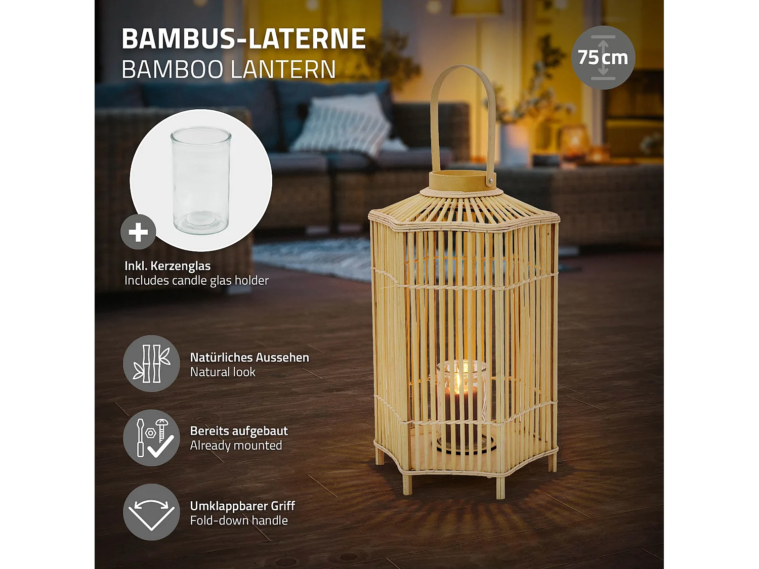 Lanterne en bambou 75 cm naturel avec poignée et insert en verre style bohème pour jardin salon porte-bougie tressé décoratif extérieur ou intérieur