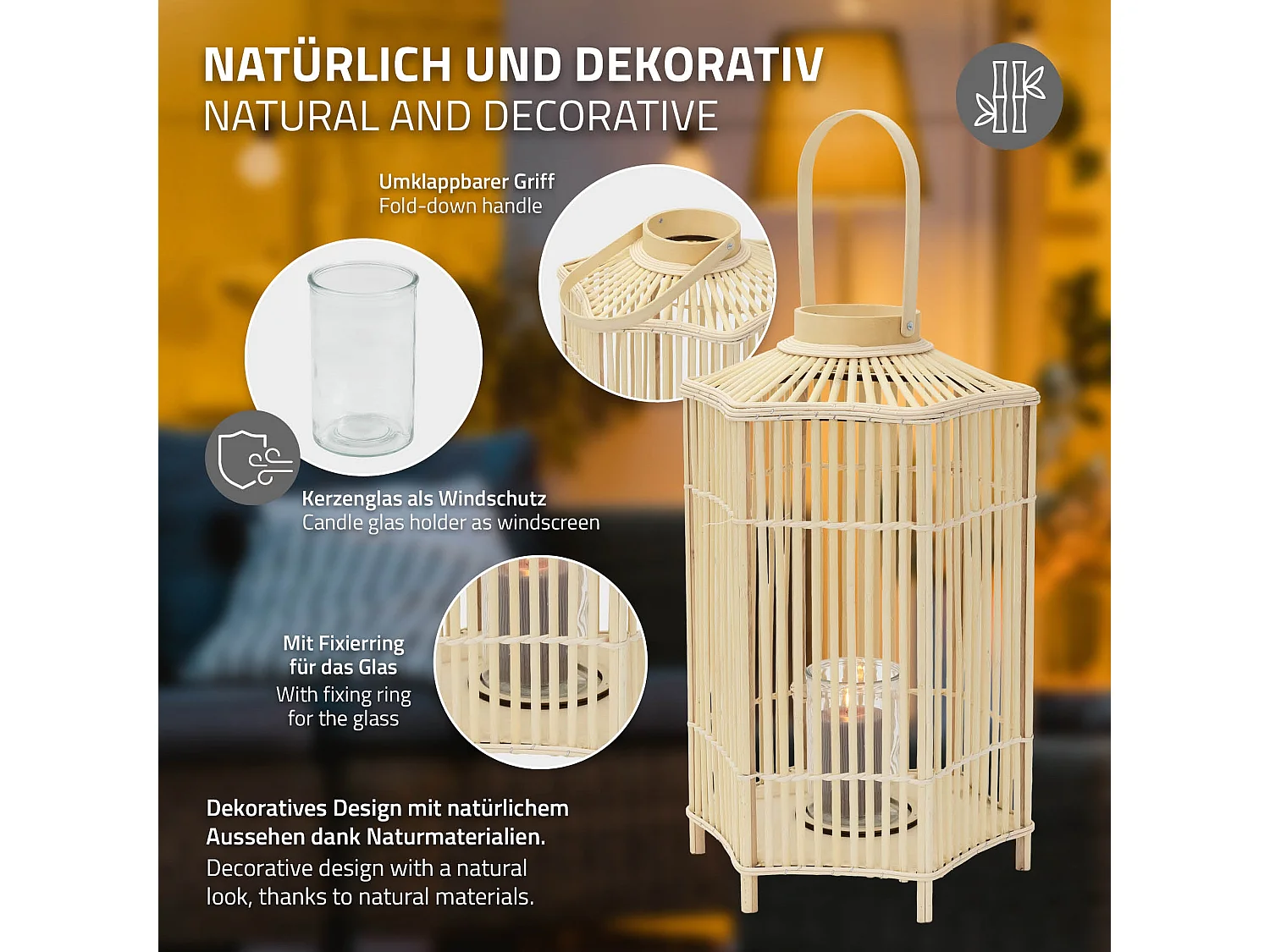 Lanterne en bambou 75 cm naturel avec poignée et insert en verre style bohème pour jardin salon porte-bougie tressé décoratif extérieur ou intérieur