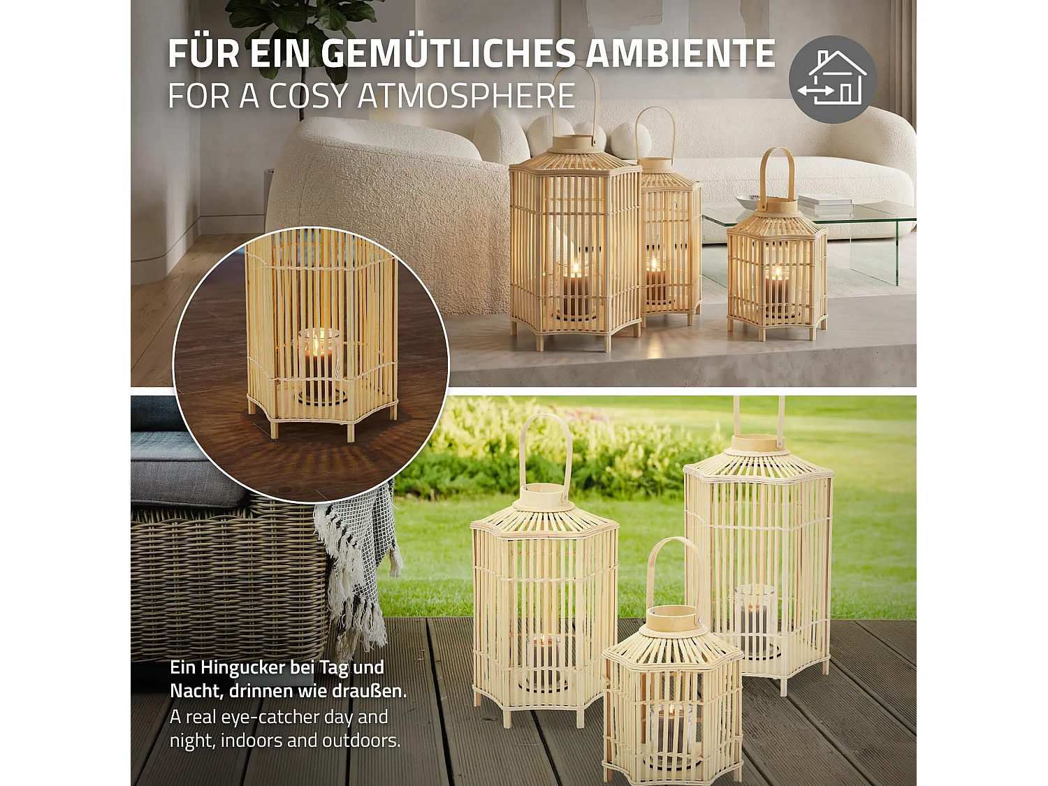 Lanterne en bambou 75 cm naturel avec poignée et insert en verre style bohème pour jardin salon porte-bougie tressé décoratif extérieur ou intérieur