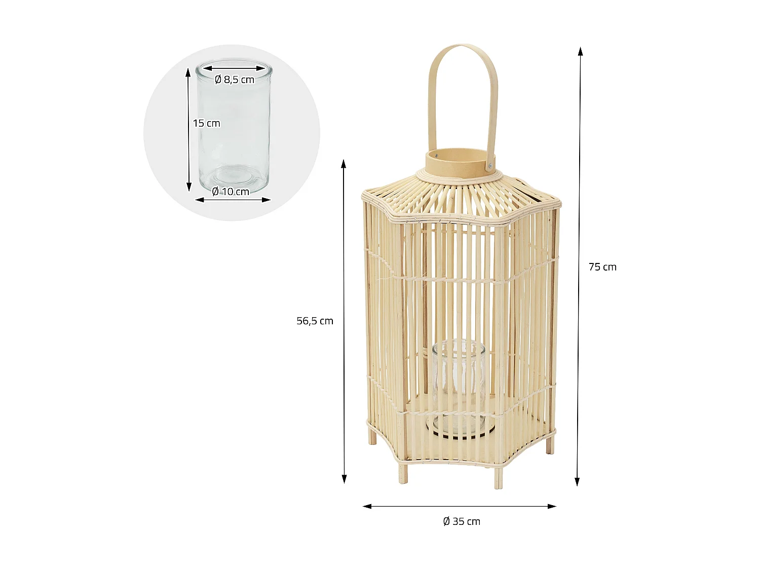 Lanterne en bambou 75 cm naturel avec poignée et insert en verre style bohème pour jardin salon porte-bougie tressé décoratif extérieur ou intérieur
