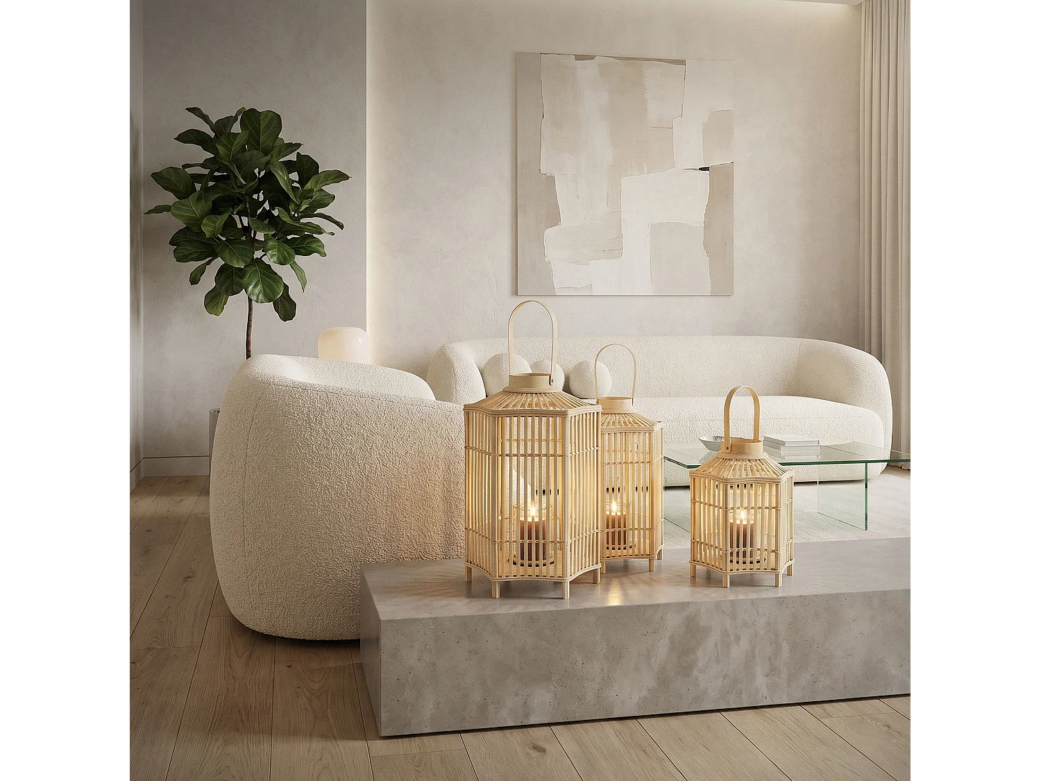 Lanterne en bambou 75 cm naturel avec poignée et insert en verre style bohème pour jardin salon porte-bougie tressé décoratif extérieur ou intérieur