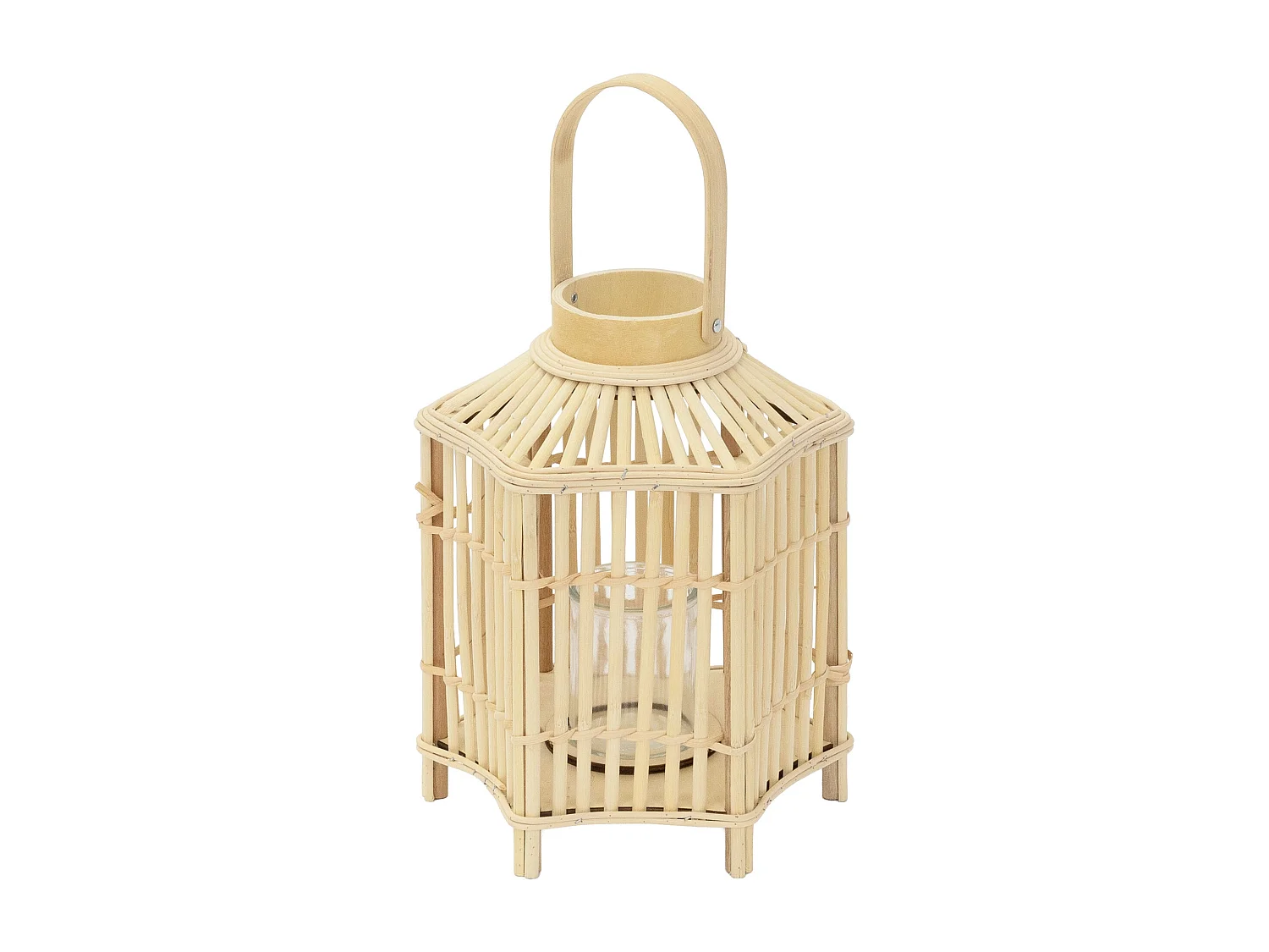 Lanterne en bambou 45 cm naturel avec poignée et insert en verre style bohème pour jardin salon porte-bougie tressé décoratif extérieur ou intérieur