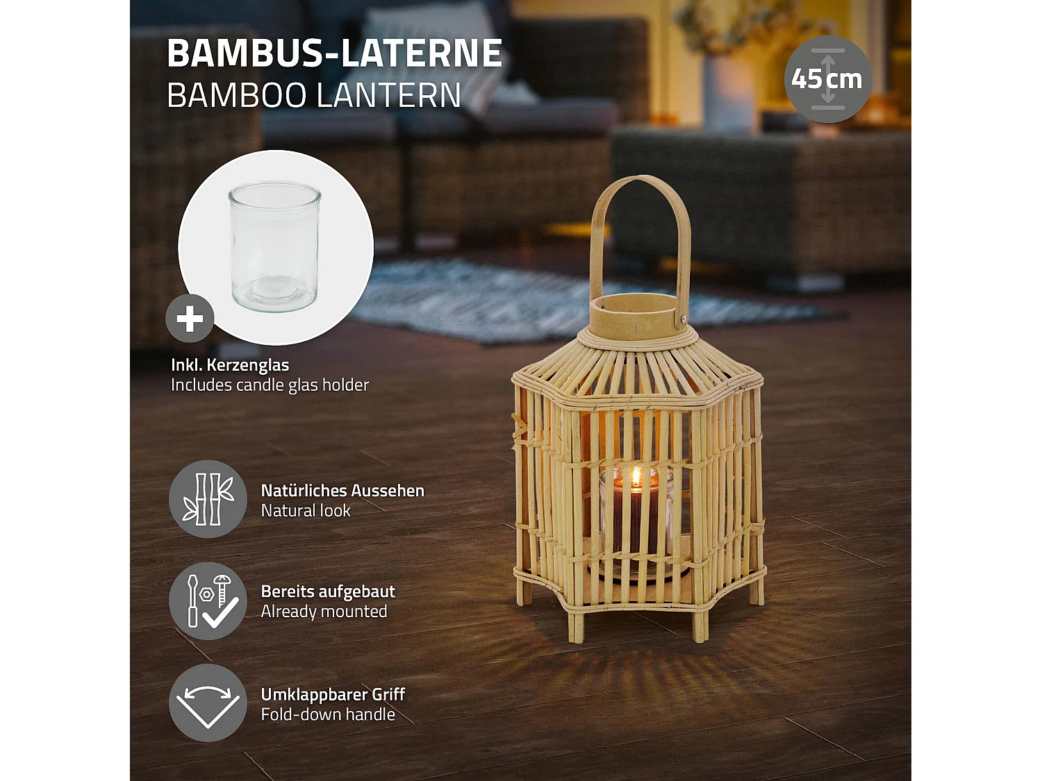 Lanterne en bambou 45 cm naturel avec poignée et insert en verre style bohème pour jardin salon porte-bougie tressé décoratif extérieur ou intérieur