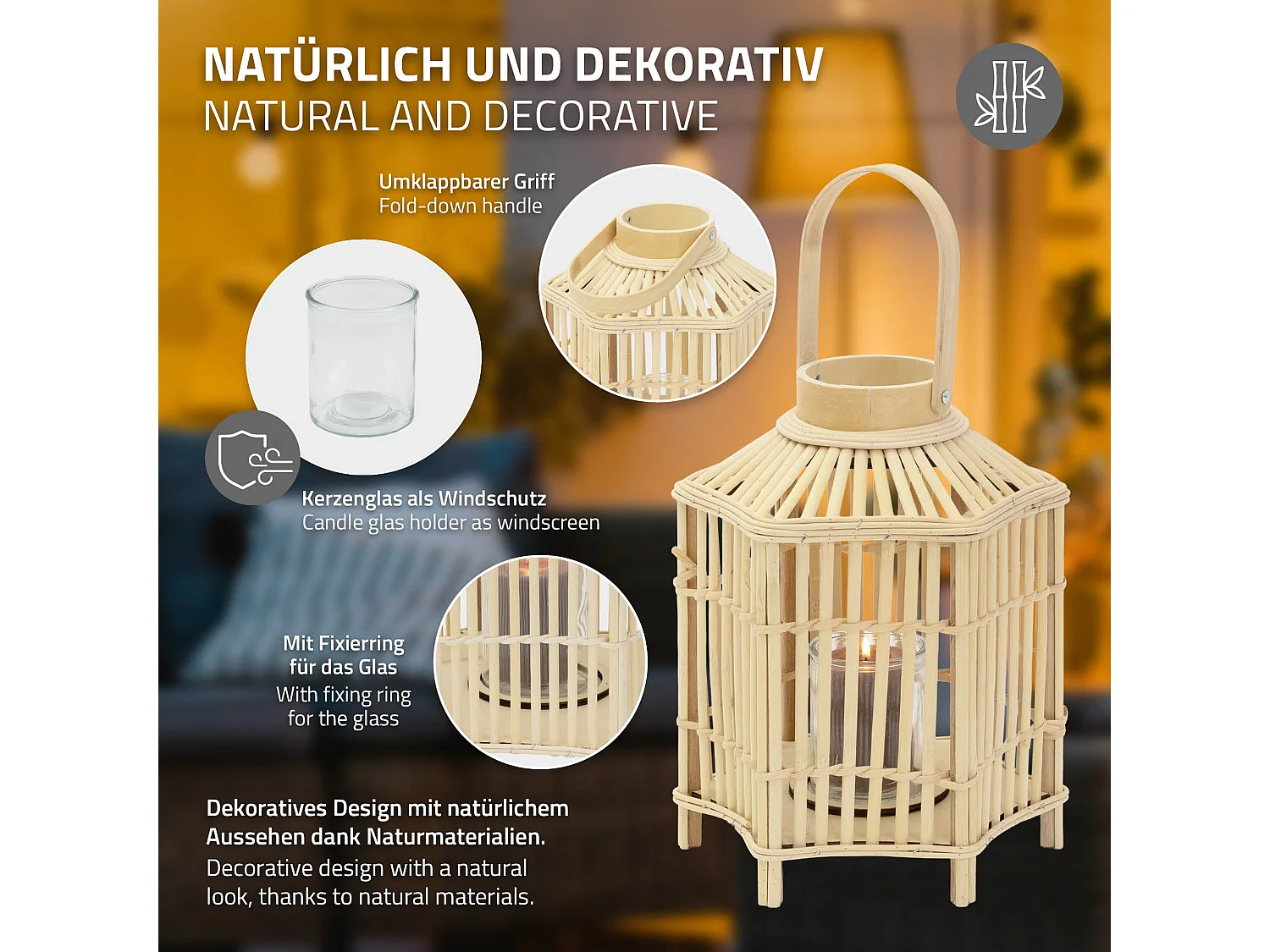 Lanterne en bambou 45 cm naturel avec poignée et insert en verre style bohème pour jardin salon porte-bougie tressé décoratif extérieur ou intérieur