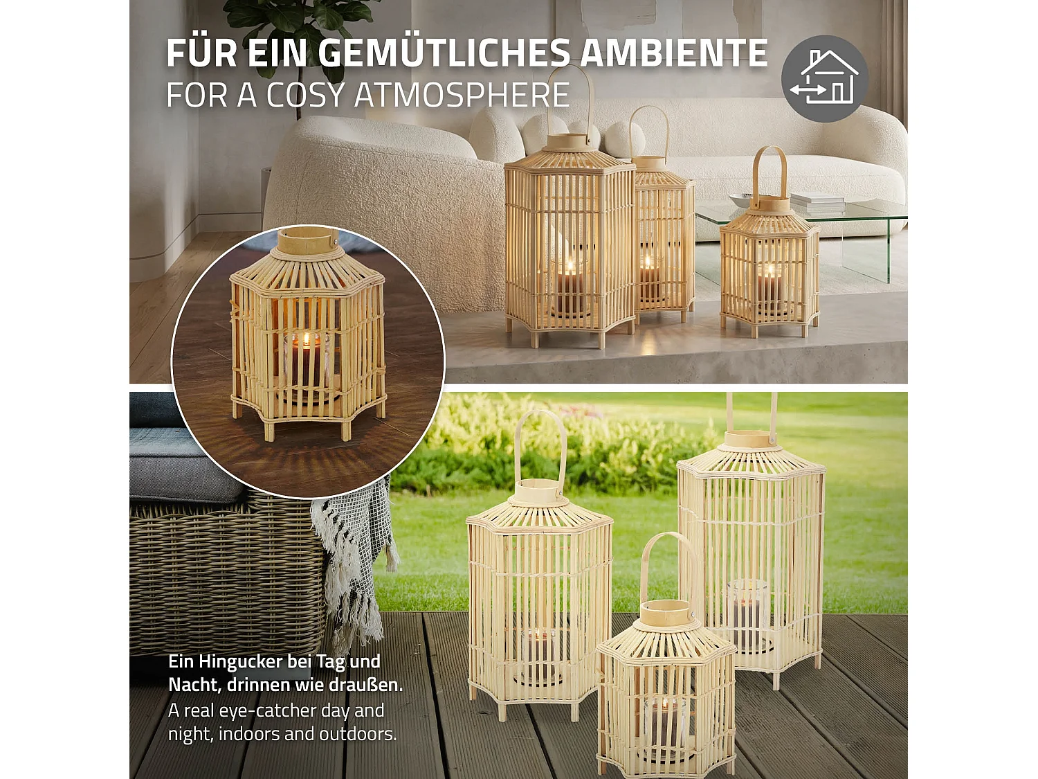 Lanterne en bambou 45 cm naturel avec poignée et insert en verre style bohème pour jardin salon porte-bougie tressé décoratif extérieur ou intérieur
