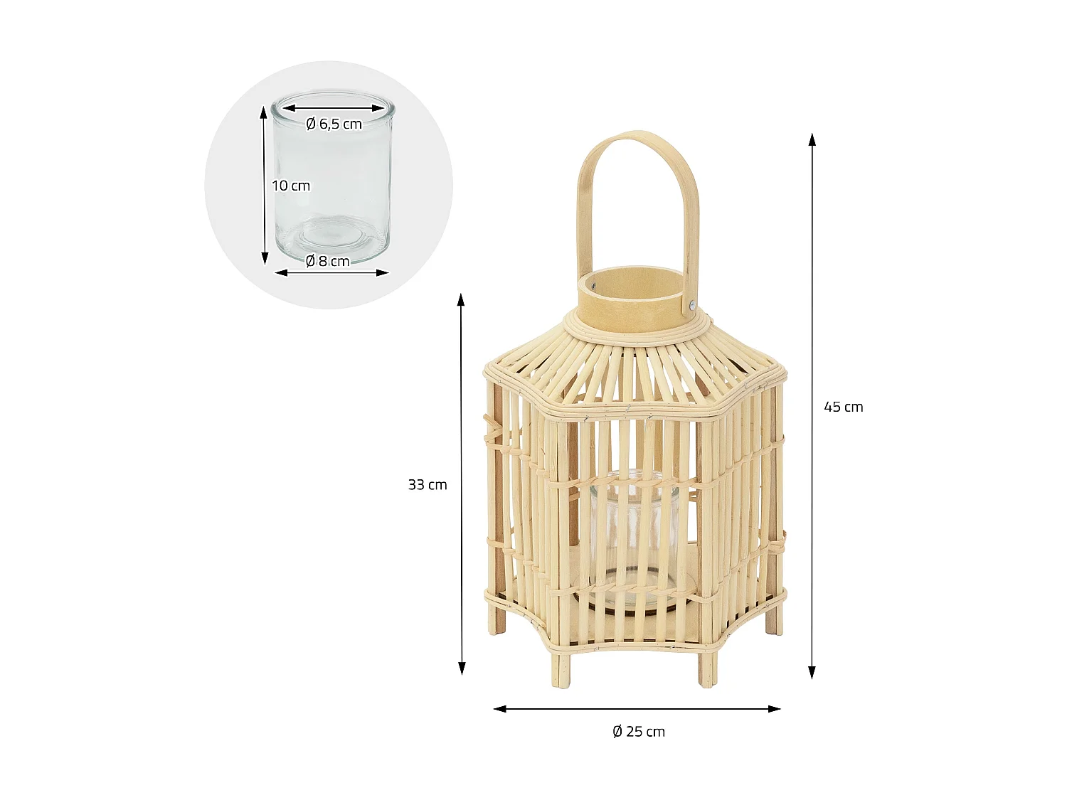 Lanterne en bambou 45 cm naturel avec poignée et insert en verre style bohème pour jardin salon porte-bougie tressé décoratif extérieur ou intérieur