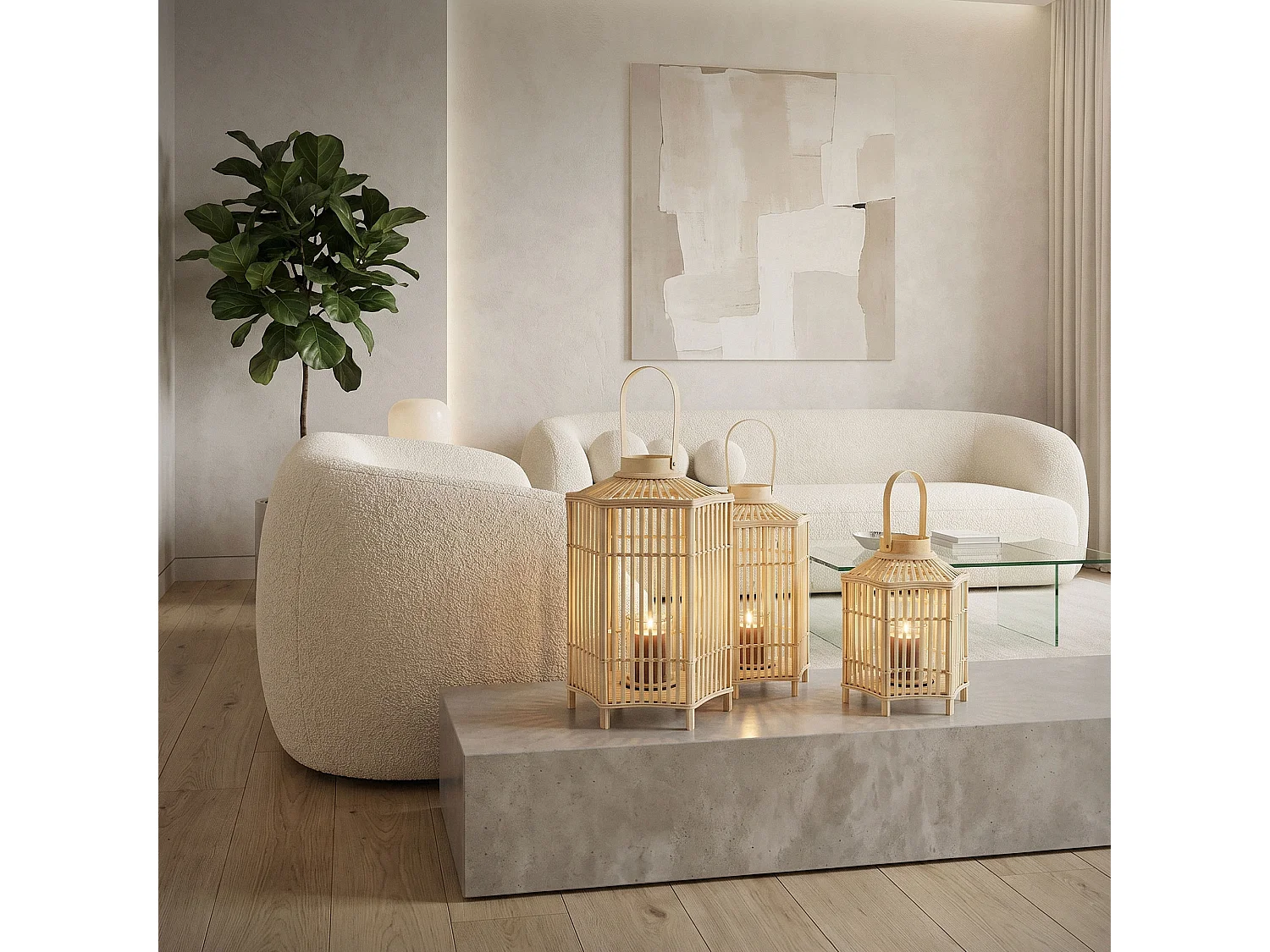Lanterne en bambou 45 cm naturel avec poignée et insert en verre style bohème pour jardin salon porte-bougie tressé décoratif extérieur ou intérieur