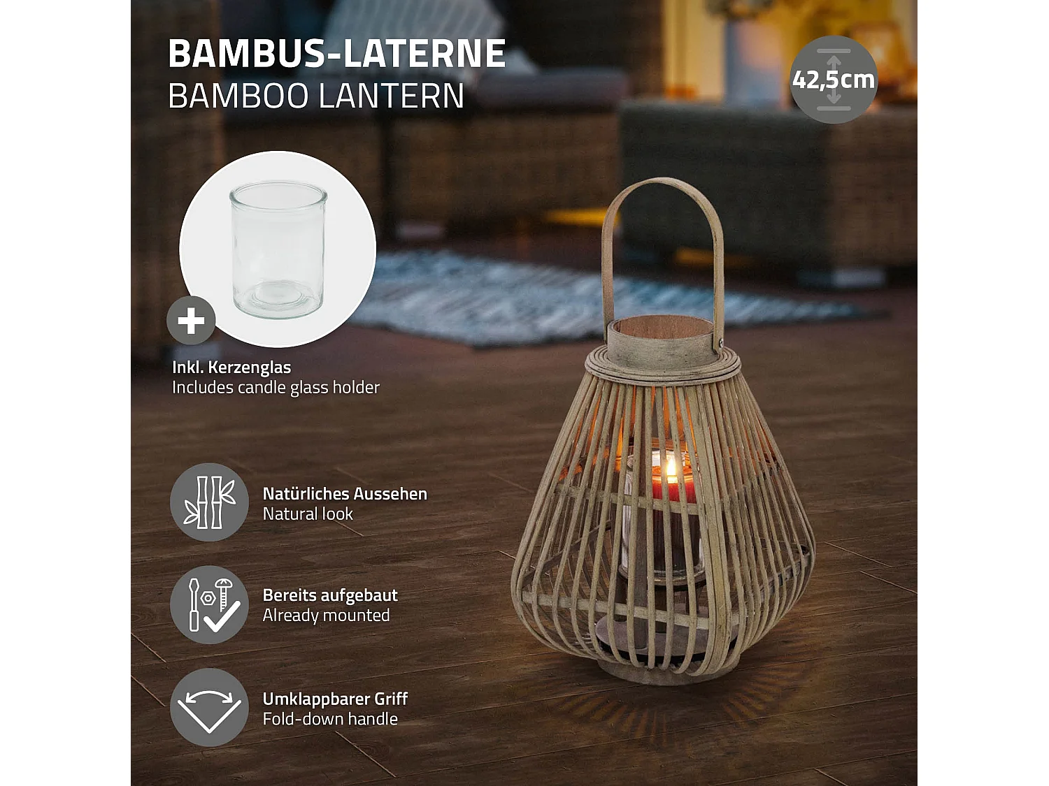 Lanterne en bambou 42,5 cm naturel avec poignée et insert en verre style bohème pour jardin salon porte-bougie tressé décoratif extérieur ou intérieur