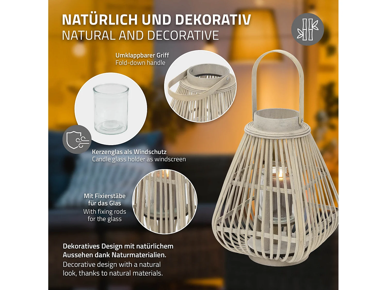 Lanterne en bambou 42,5 cm naturel avec poignée et insert en verre style bohème pour jardin salon porte-bougie tressé décoratif extérieur ou intérieur