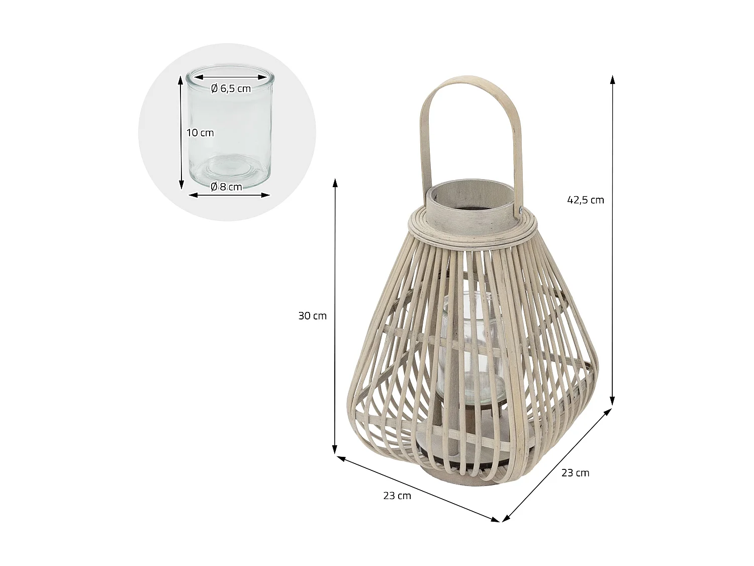 Lanterne en bambou 42,5 cm naturel avec poignée et insert en verre style bohème pour jardin salon porte-bougie tressé décoratif extérieur ou intérieur