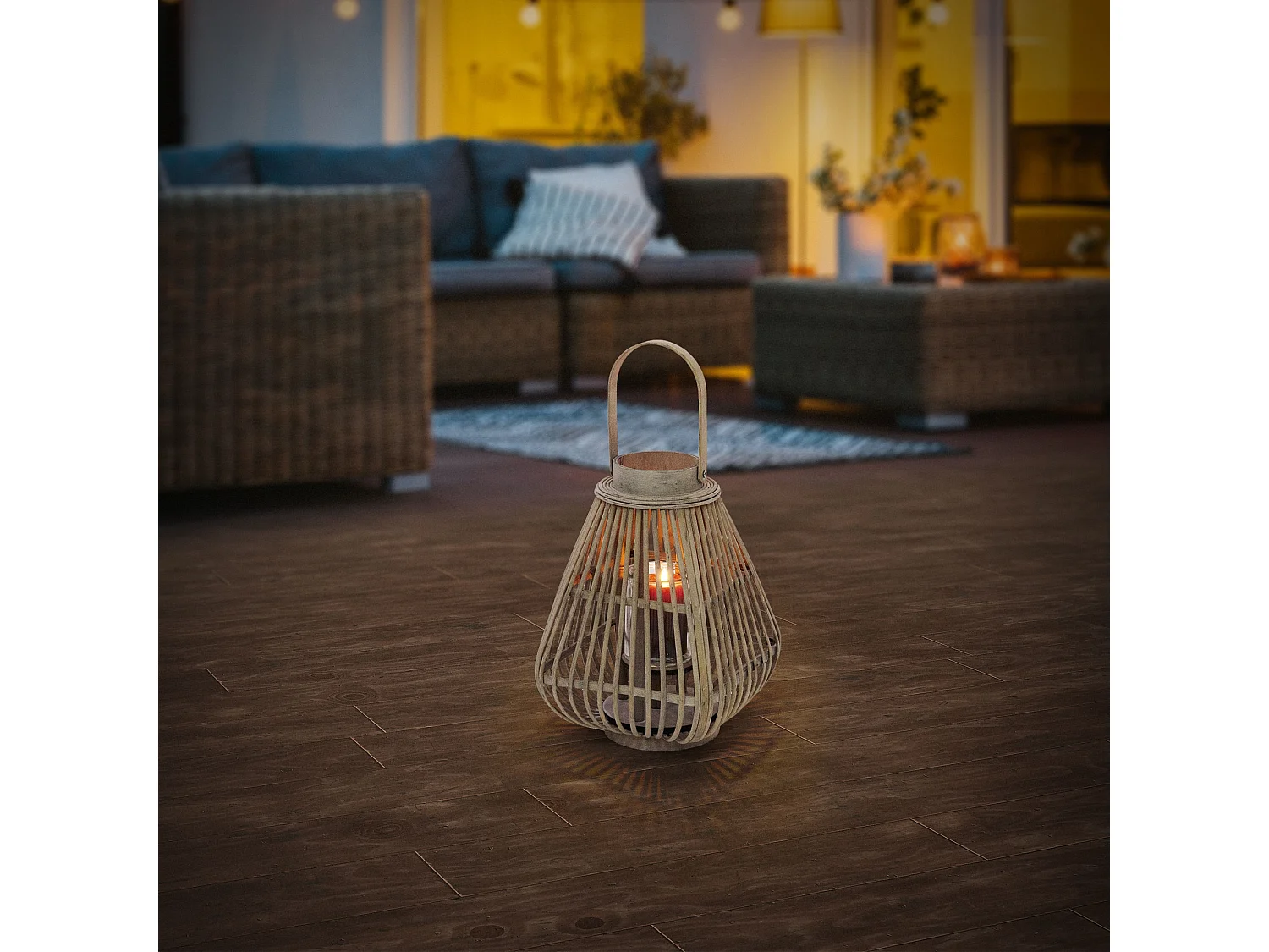 Lanterne en bambou 42,5 cm naturel avec poignée et insert en verre style bohème pour jardin salon porte-bougie tressé décoratif extérieur ou intérieur