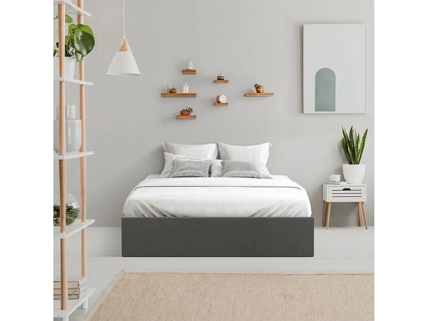 Lit coffre adulte - Tissu gris foncé - Sommier inclus - 140 x 190 cm