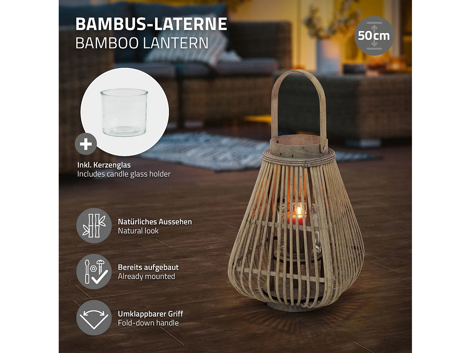 Lanterne en bambou 50 cm naturel avec poignée et insert en verre style bohème pour jardin salon porte-bougie tressé décoratif extérieur ou intérieur