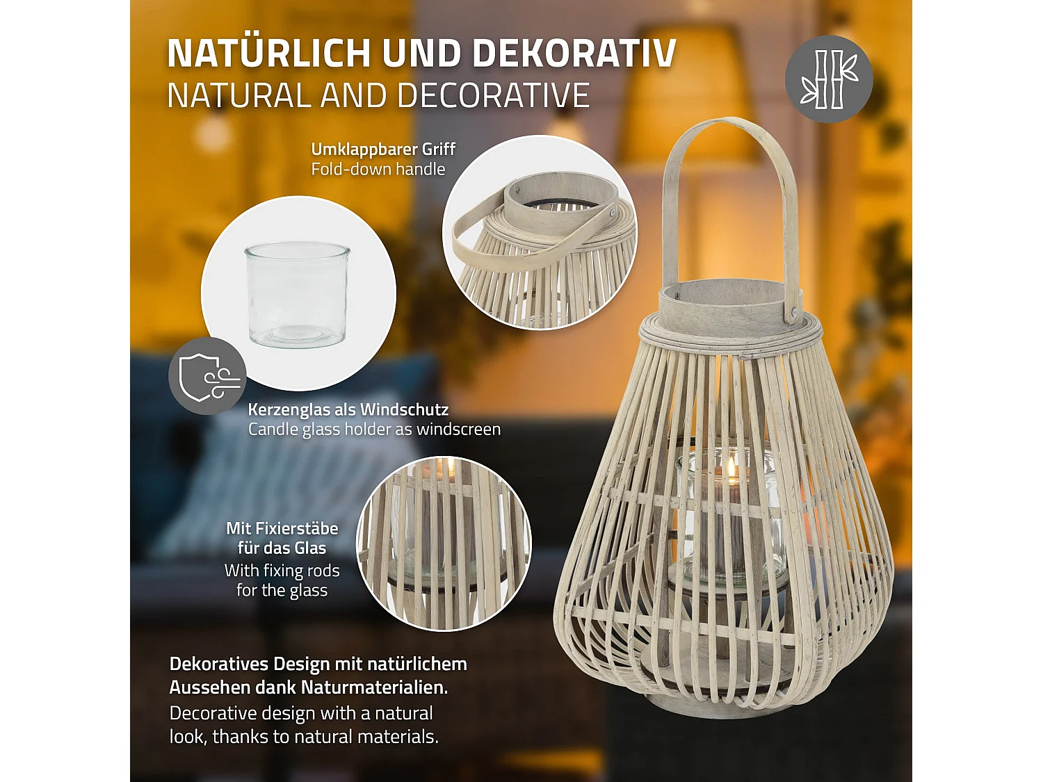 Lanterne en bambou 50 cm naturel avec poignée et insert en verre style bohème pour jardin salon porte-bougie tressé décoratif extérieur ou intérieur