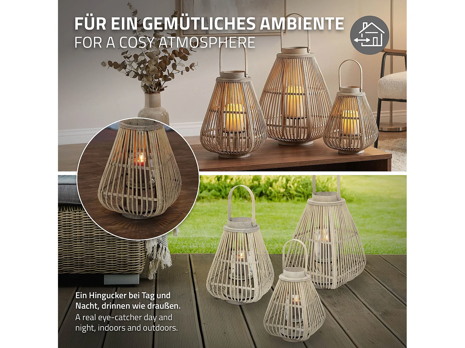Lanterne en bambou 50 cm naturel avec poignée et insert en verre style bohème pour jardin salon porte-bougie tressé décoratif extérieur ou intérieur