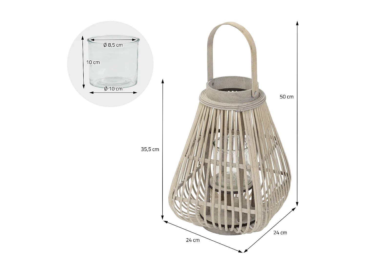 Lanterne en bambou 50 cm naturel avec poignée et insert en verre style bohème pour jardin salon porte-bougie tressé décoratif extérieur ou intérieur