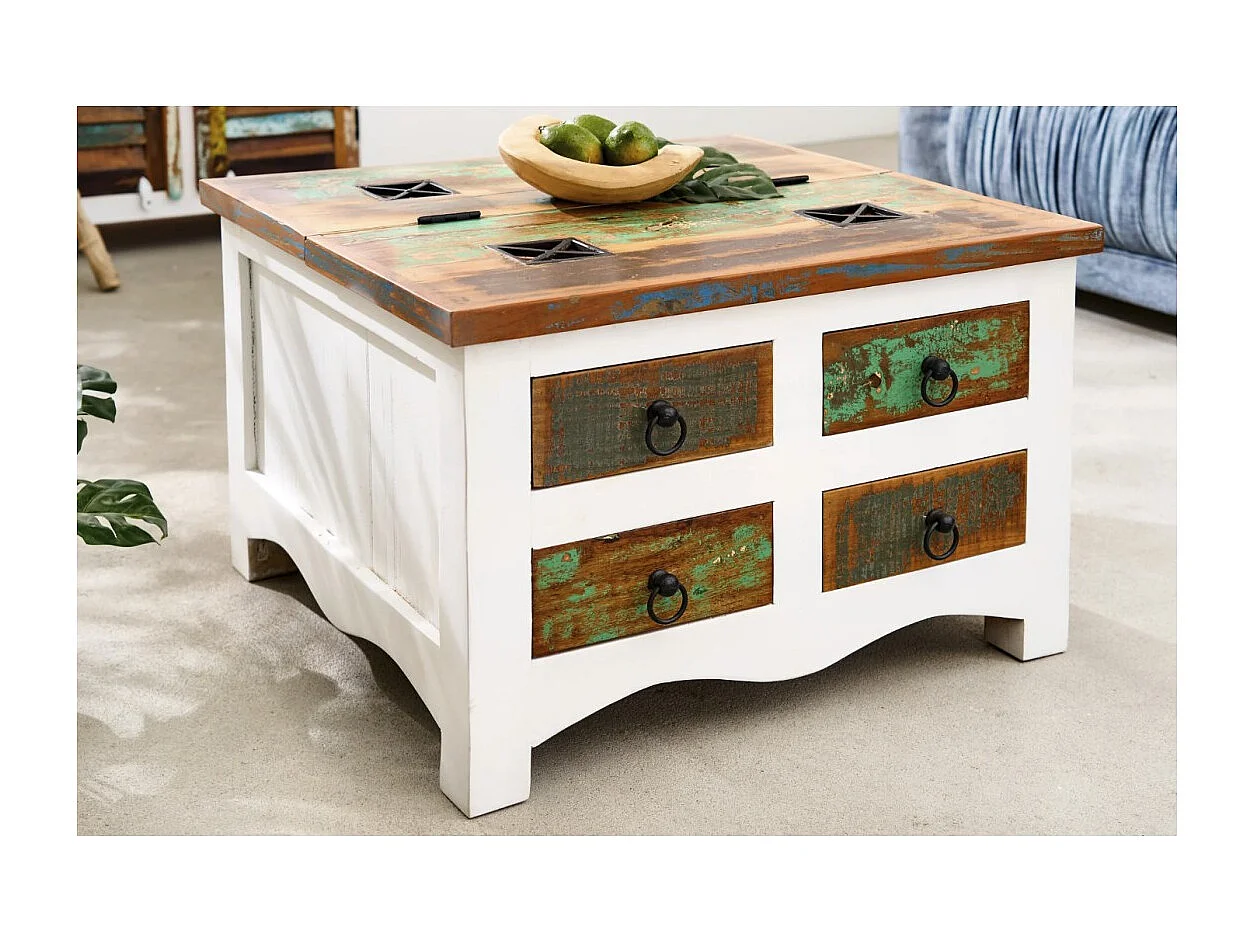 Square PATCHWOOD coffee table 70 cm multicolored wood and white with drawers and chest