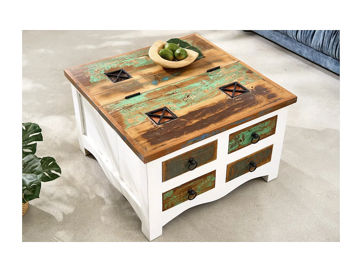 Square PATCHWOOD coffee table 70 cm multicolored wood and white with drawers and chest