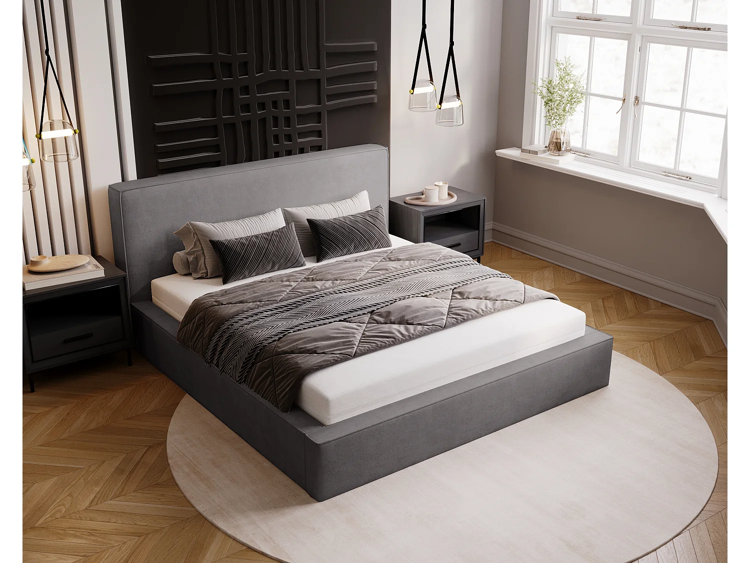 BESILIO Lit coffre 160x200 Gloria - sommier inclus, tissu doux, rangement intégré - Gris