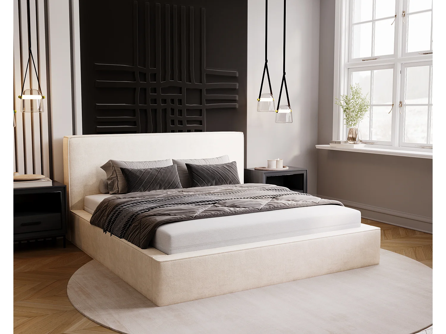 BESILIO Lit coffre 200x200 Gloria - sommier inclus, tissu doux, rangement intégré - Crème