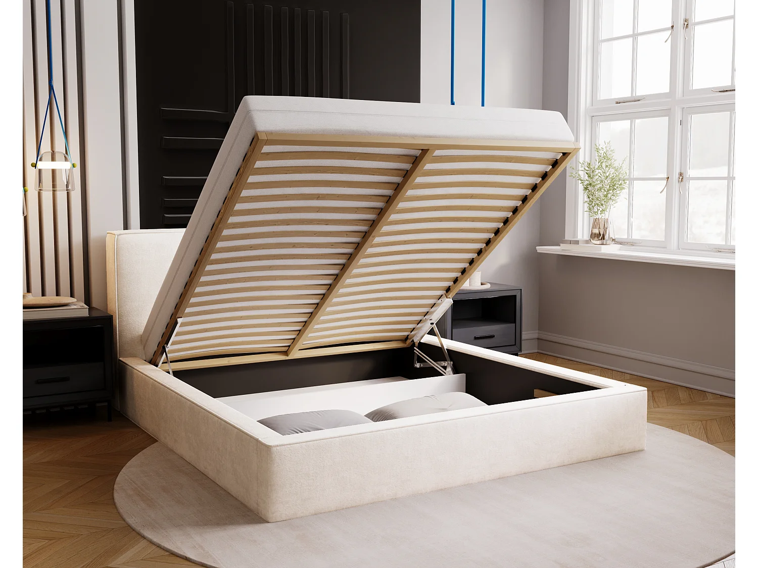 BESILIO Lit coffre 200x200 Gloria - sommier inclus, tissu doux, rangement intégré - Crème