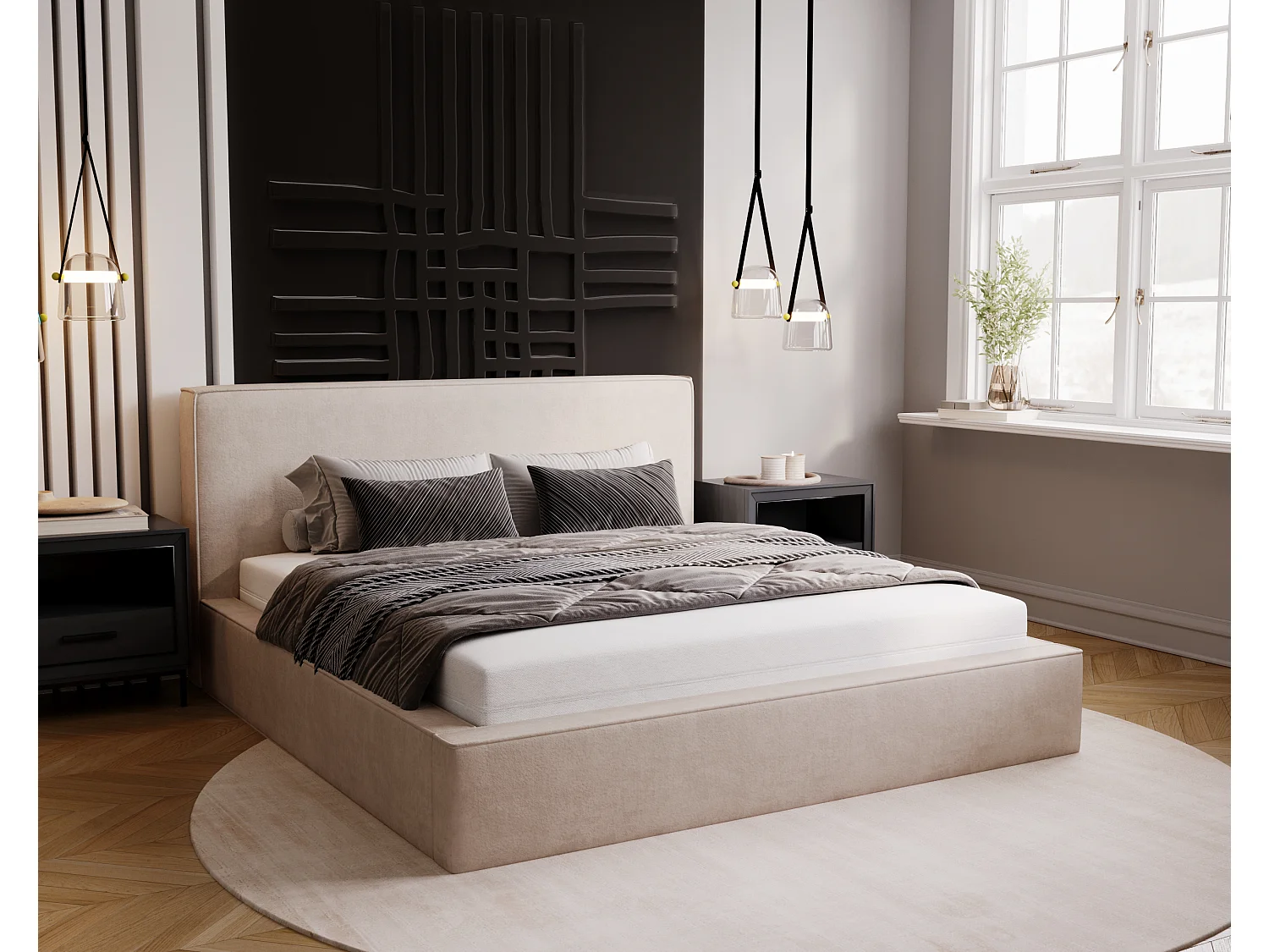 BESILIO Lit coffre 180x200 Gloria - sommier inclus, tissu doux, rangement intégré - Beige
